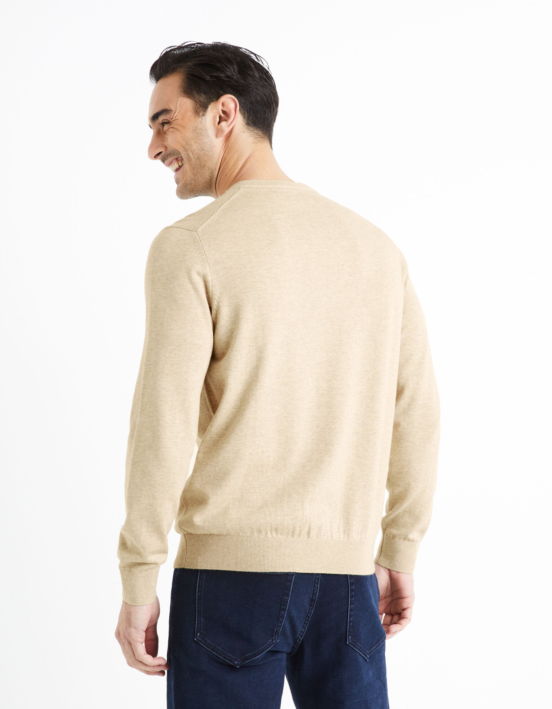 100% Cotton V-Neck Sweater - Beige_DECOTON_BEIGE MEL_04