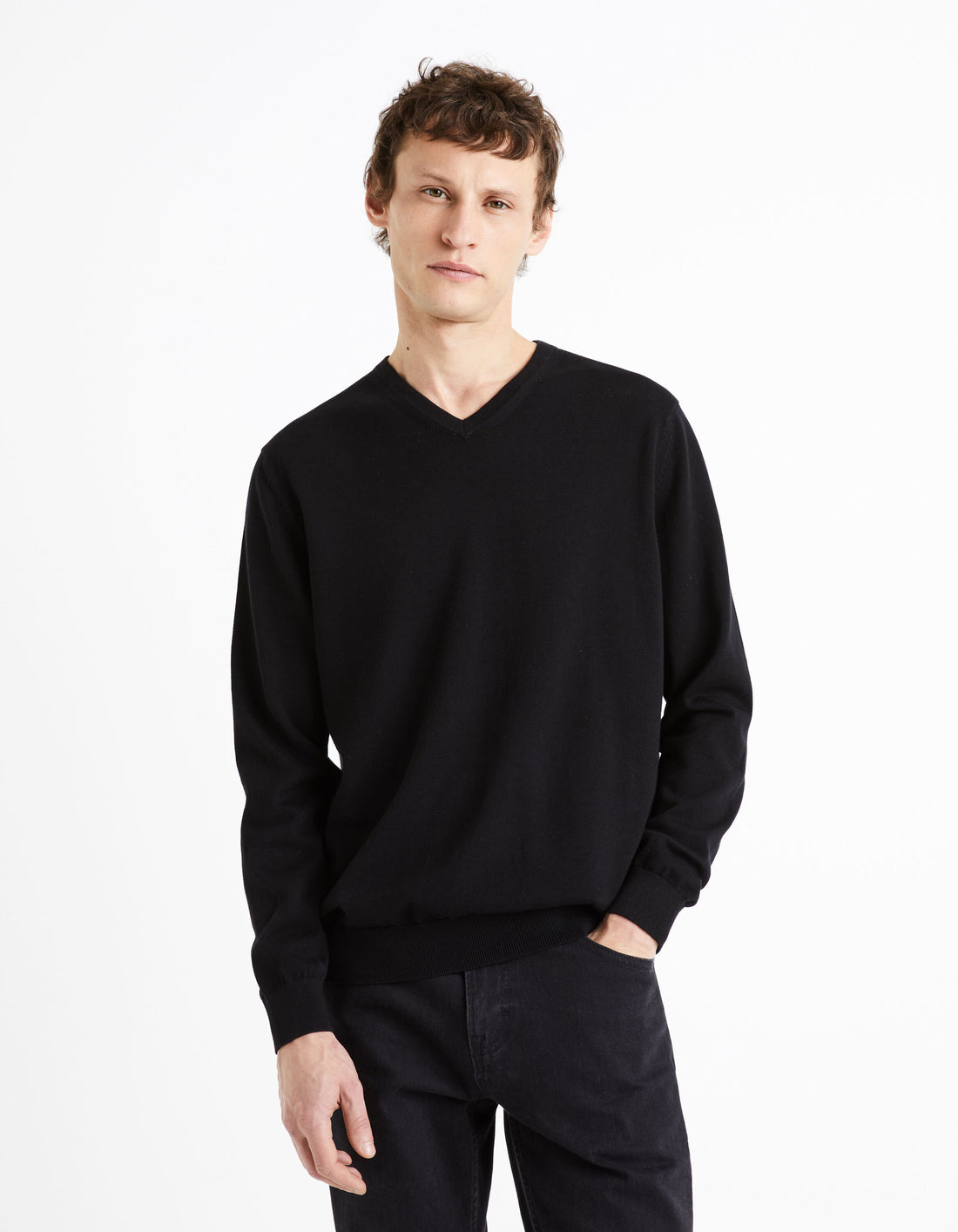100% Cotton V-Neck Sweater - Black_DECOTON_BLACK_01
