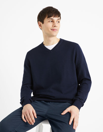 100% Cotton V-Neck Sweater - Navy_DECOTON_NAVY_01