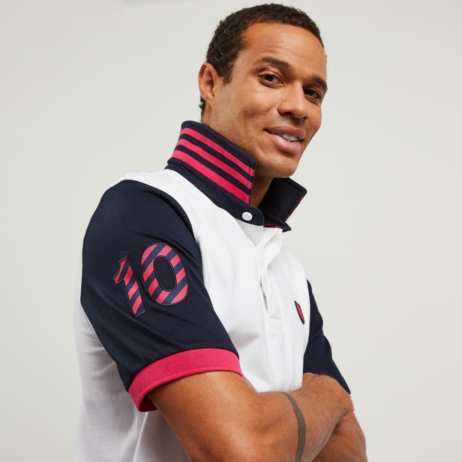 White Short-Sleeved Colour-Block Rugby Shirt