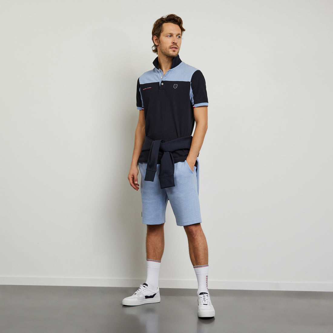 Blue Colour-Block Polo In Cotton Pique