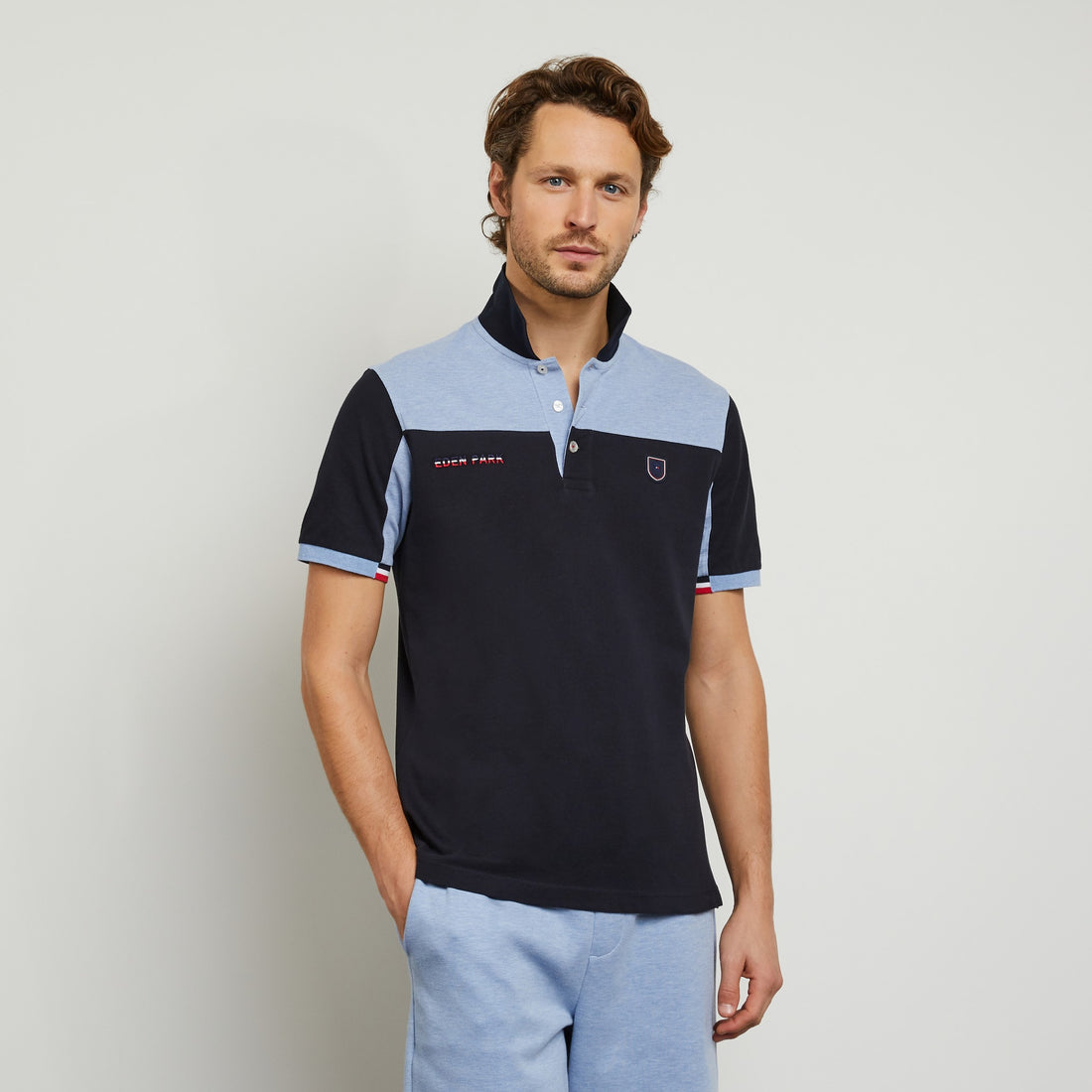 Blue Colour-Block Polo In Cotton Pique