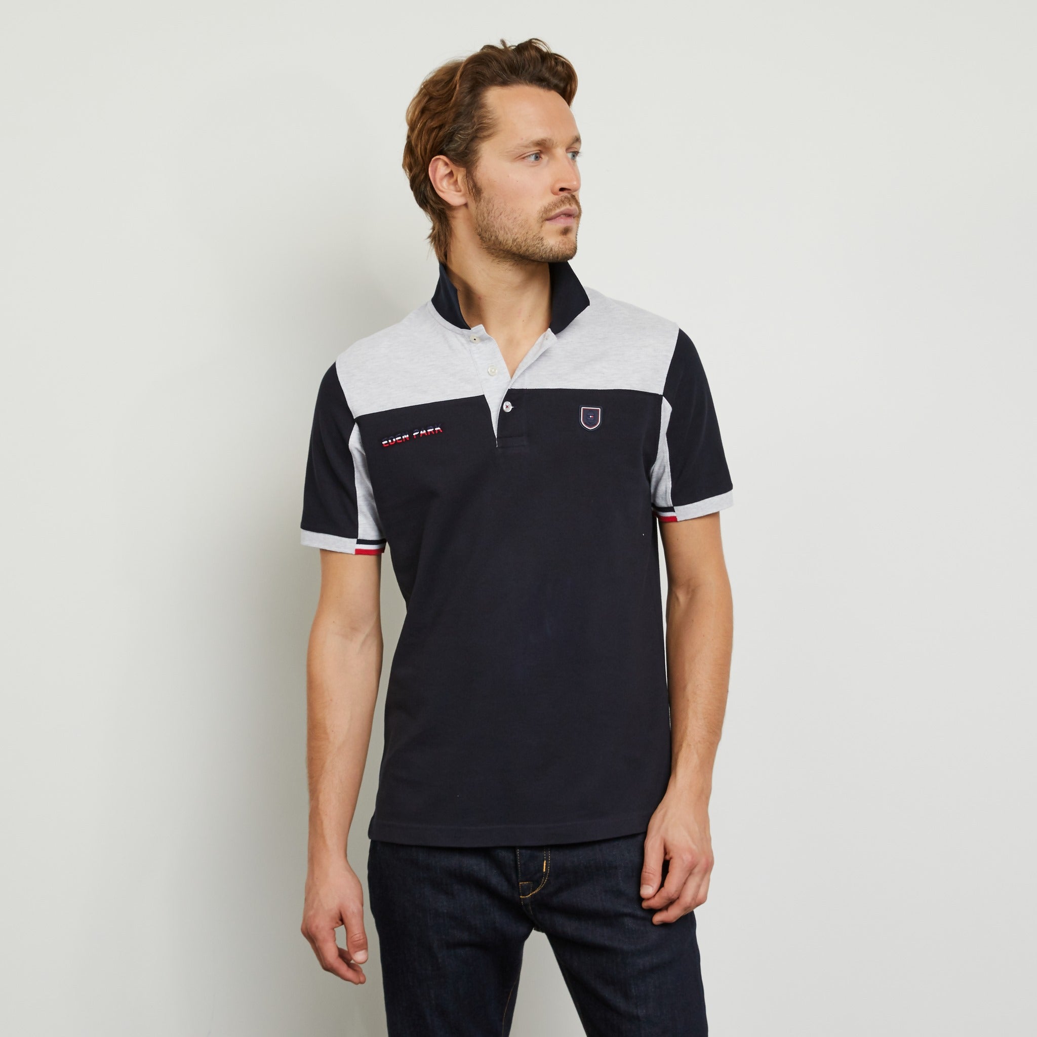 Grey Colour-Block Polo In Cotton Pique