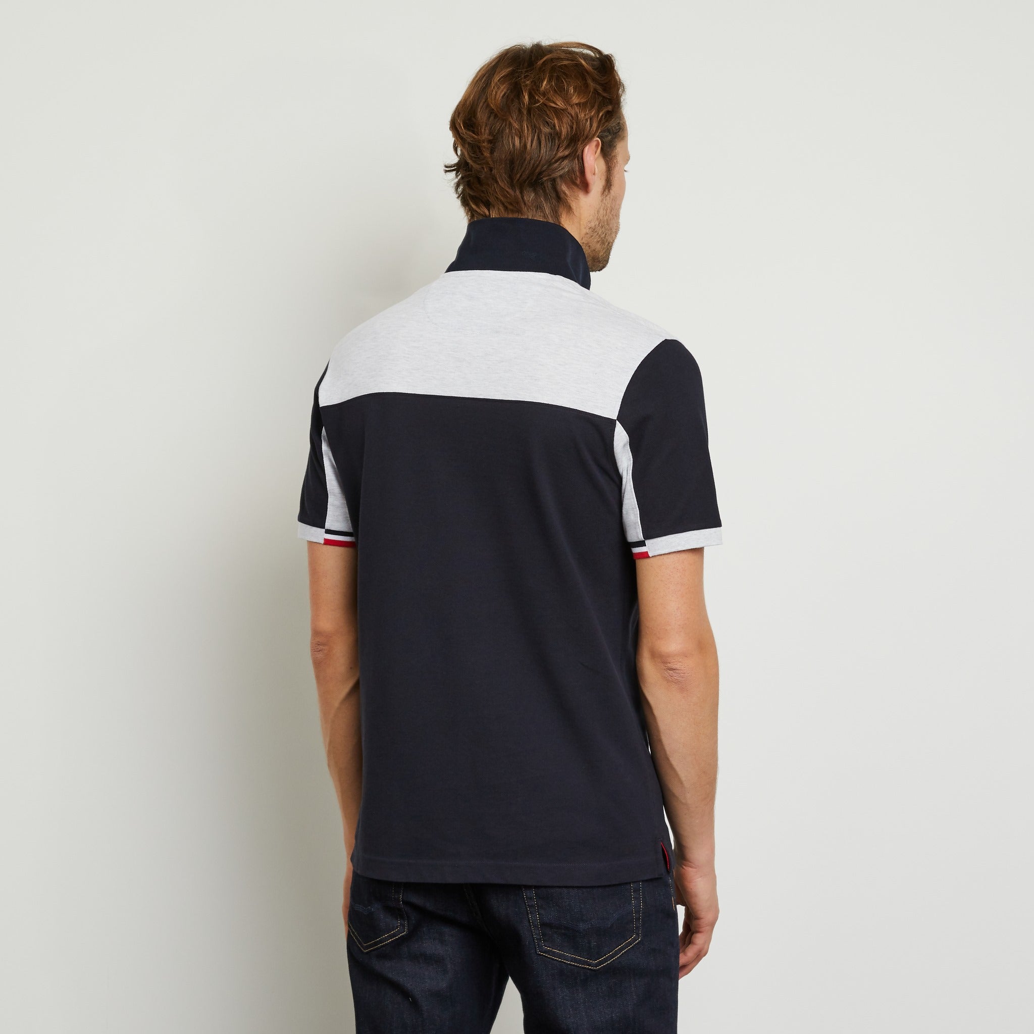 Grey Colour-Block Polo In Cotton Pique