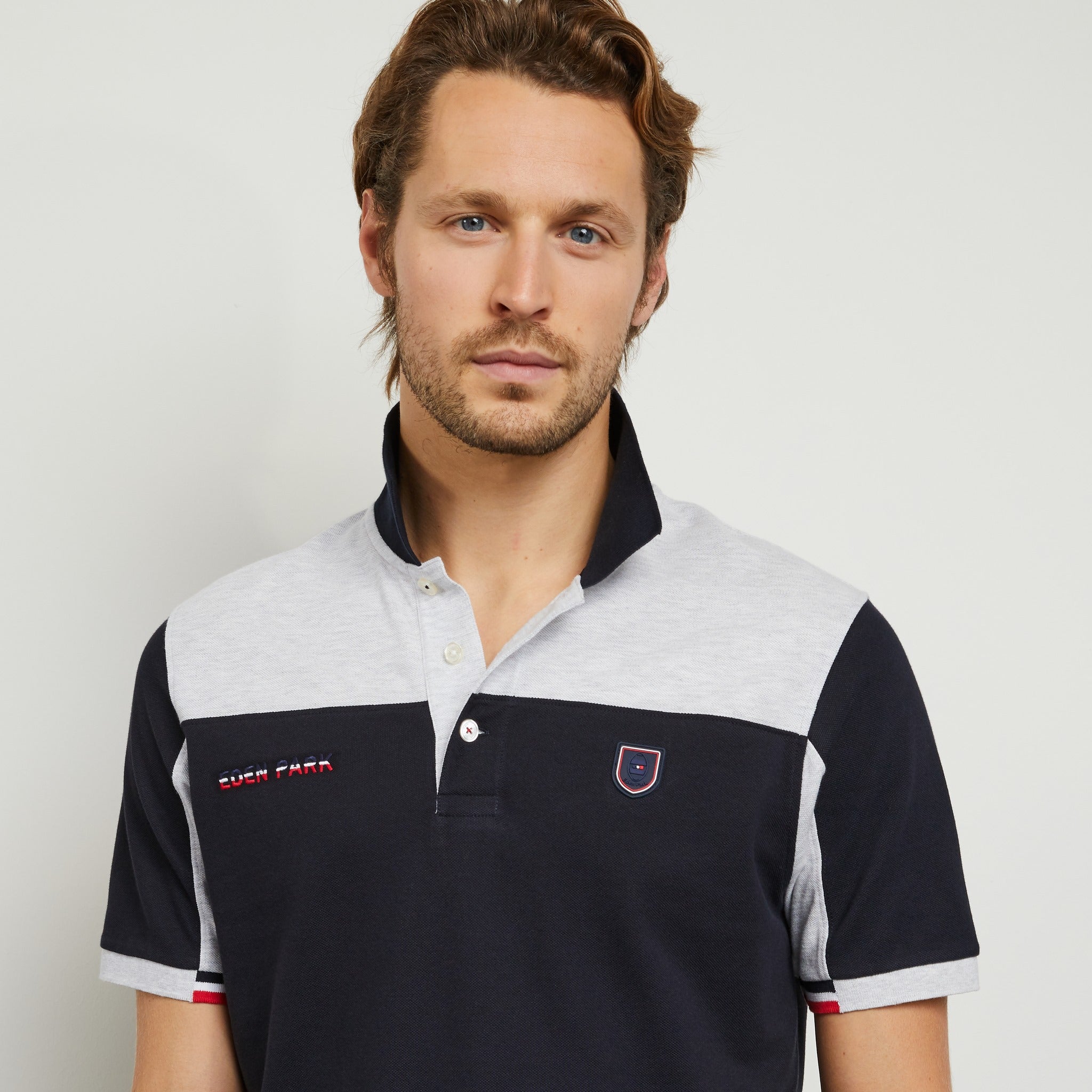 Grey Colour-Block Polo In Cotton Pique