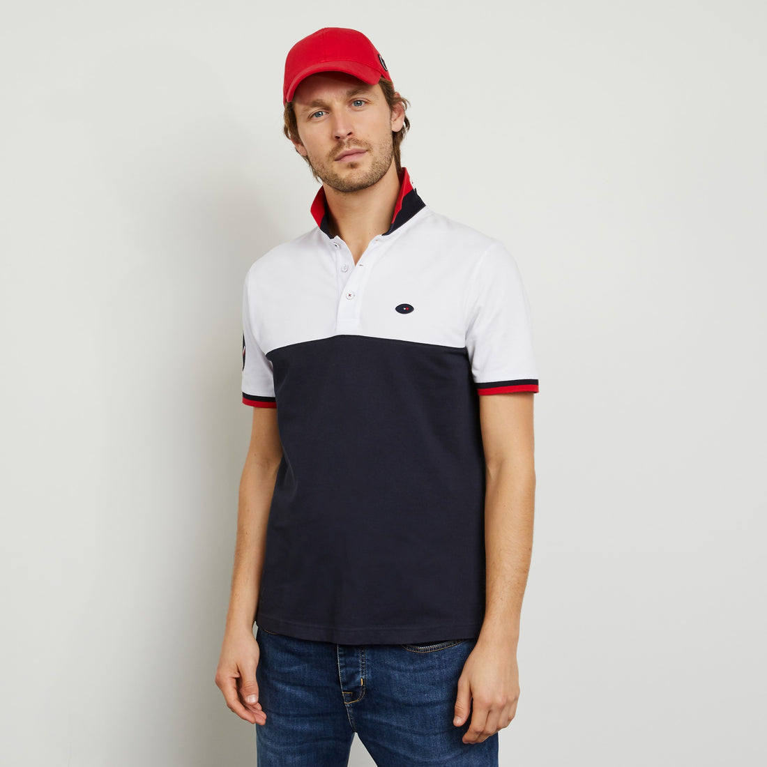 White Colour-Block Polo With No. 10 Embroidery