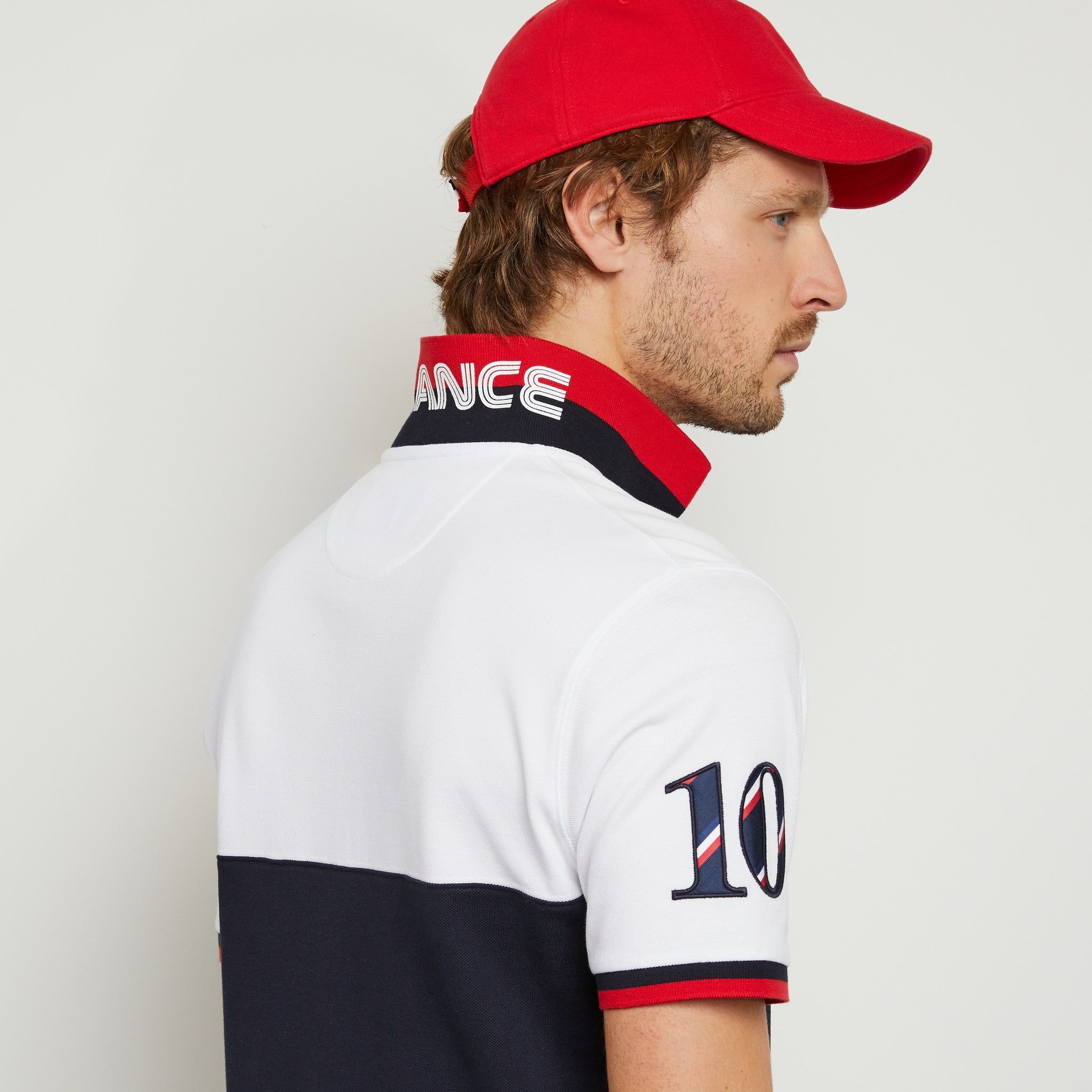 White Colour-Block Polo With No. 10 Embroidery