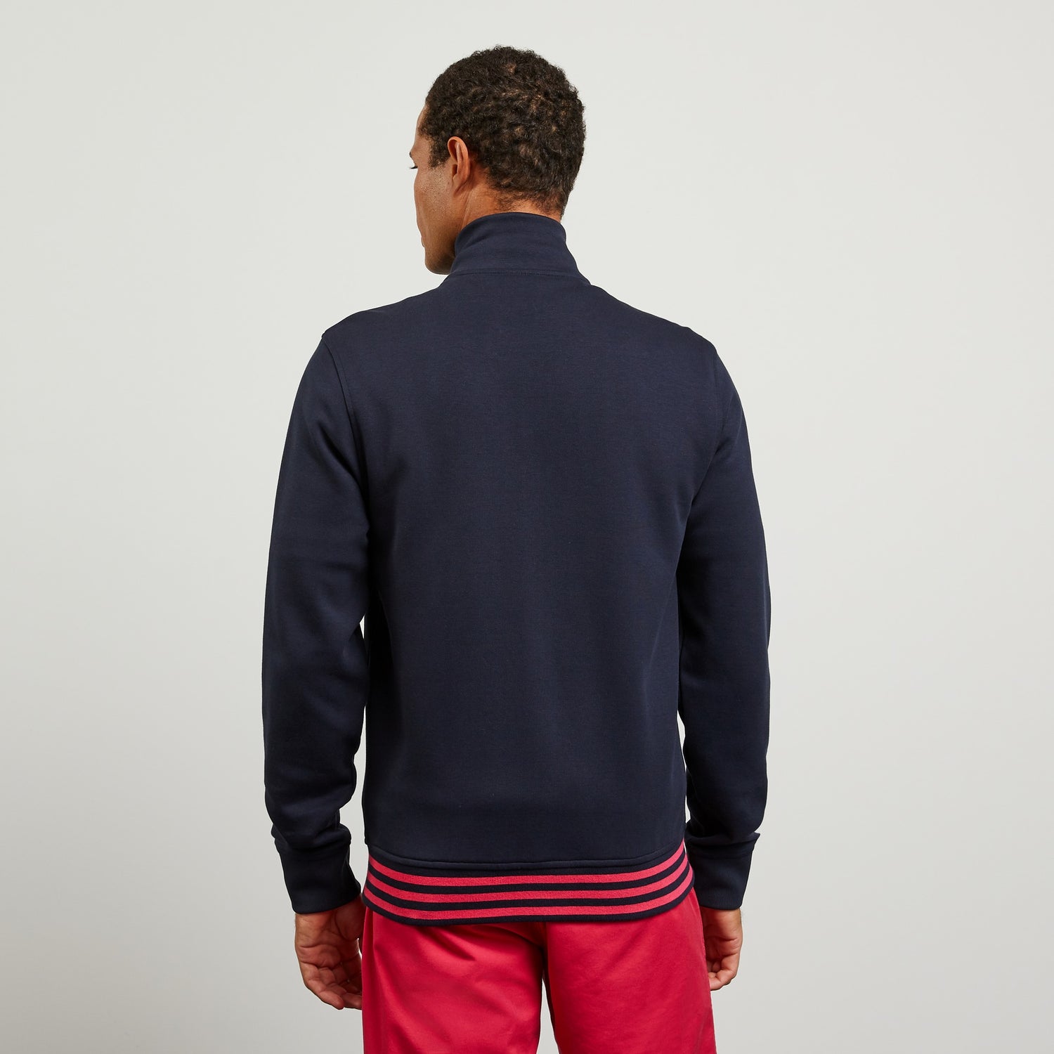 Navy Blue Zipped Sweatshirt With Striped Trims