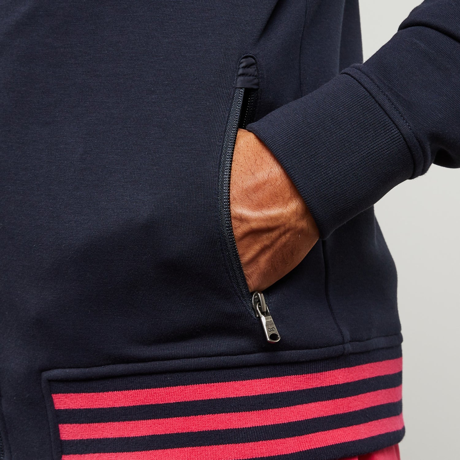 Navy Blue Zipped Sweatshirt With Striped Trims