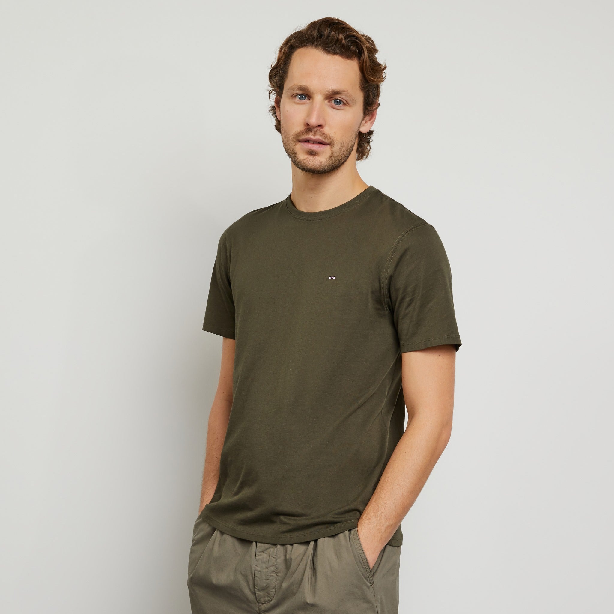 Plain Khaki Short-Sleeved T-Shirt In Pima Cotton