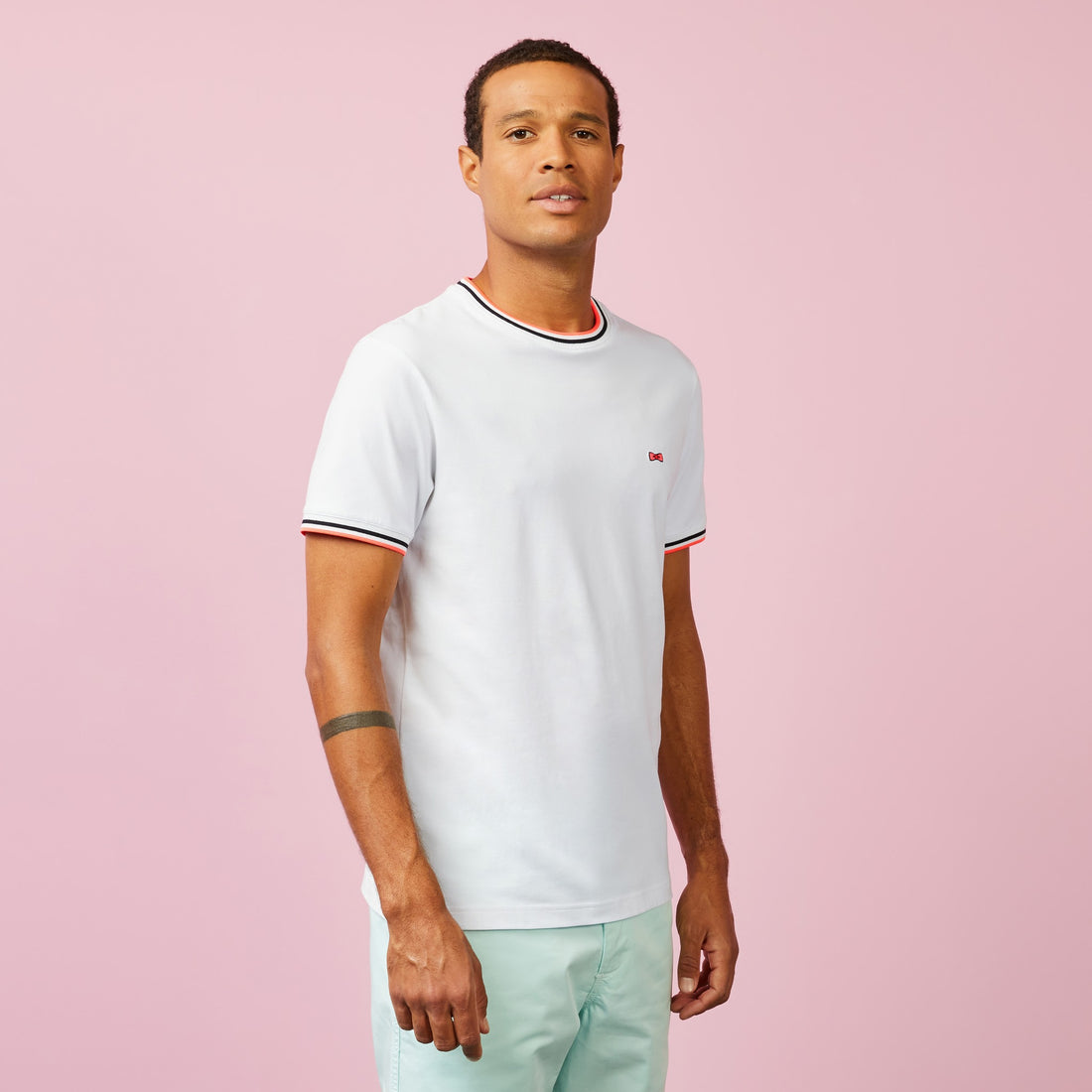 Plain White T-Shirt With Tricolour Trims