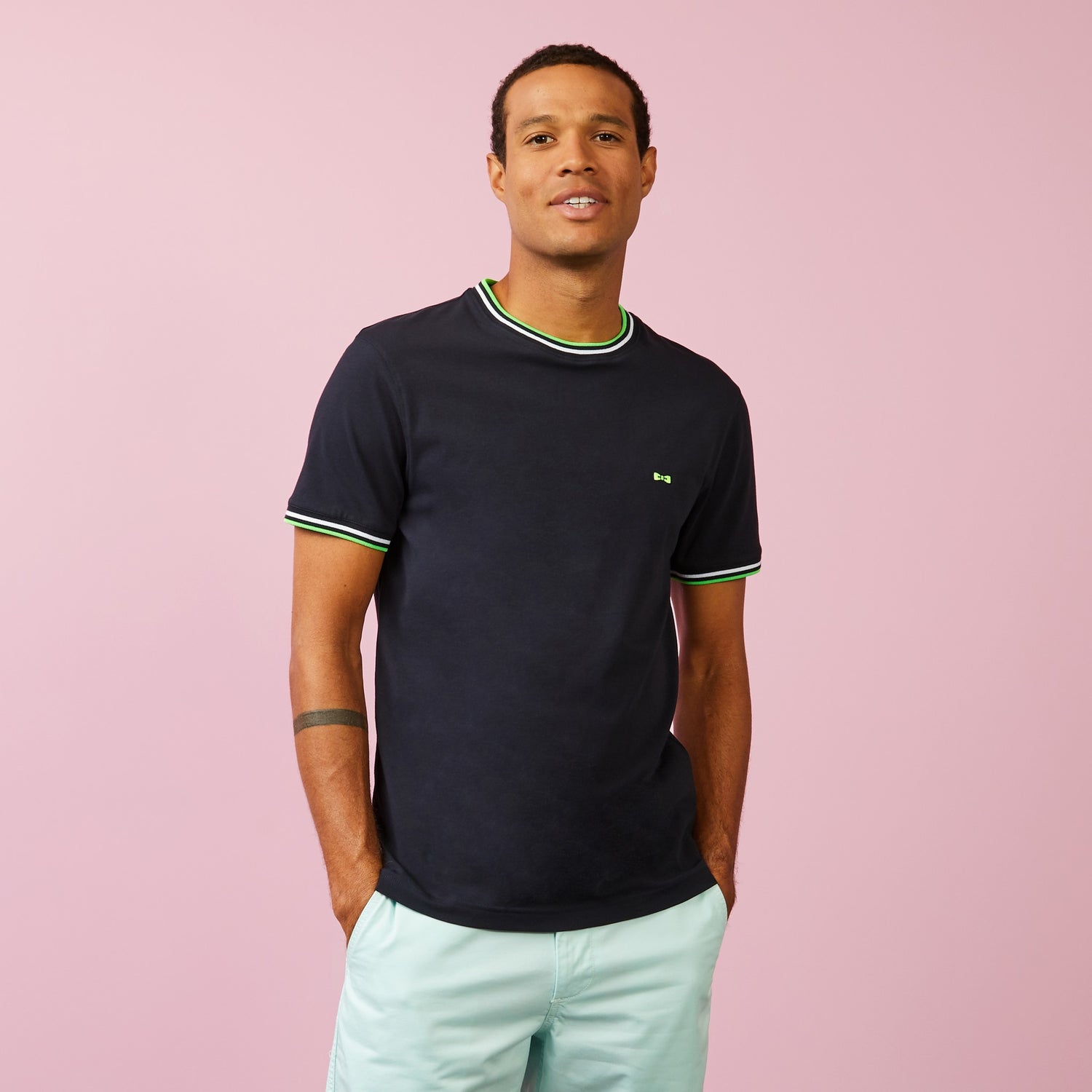 Dark Blue T-Shirt With Tricolour Trims