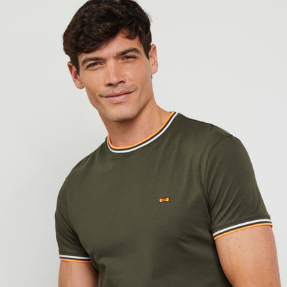 Khaki T-Shirt With Tricolour Trims