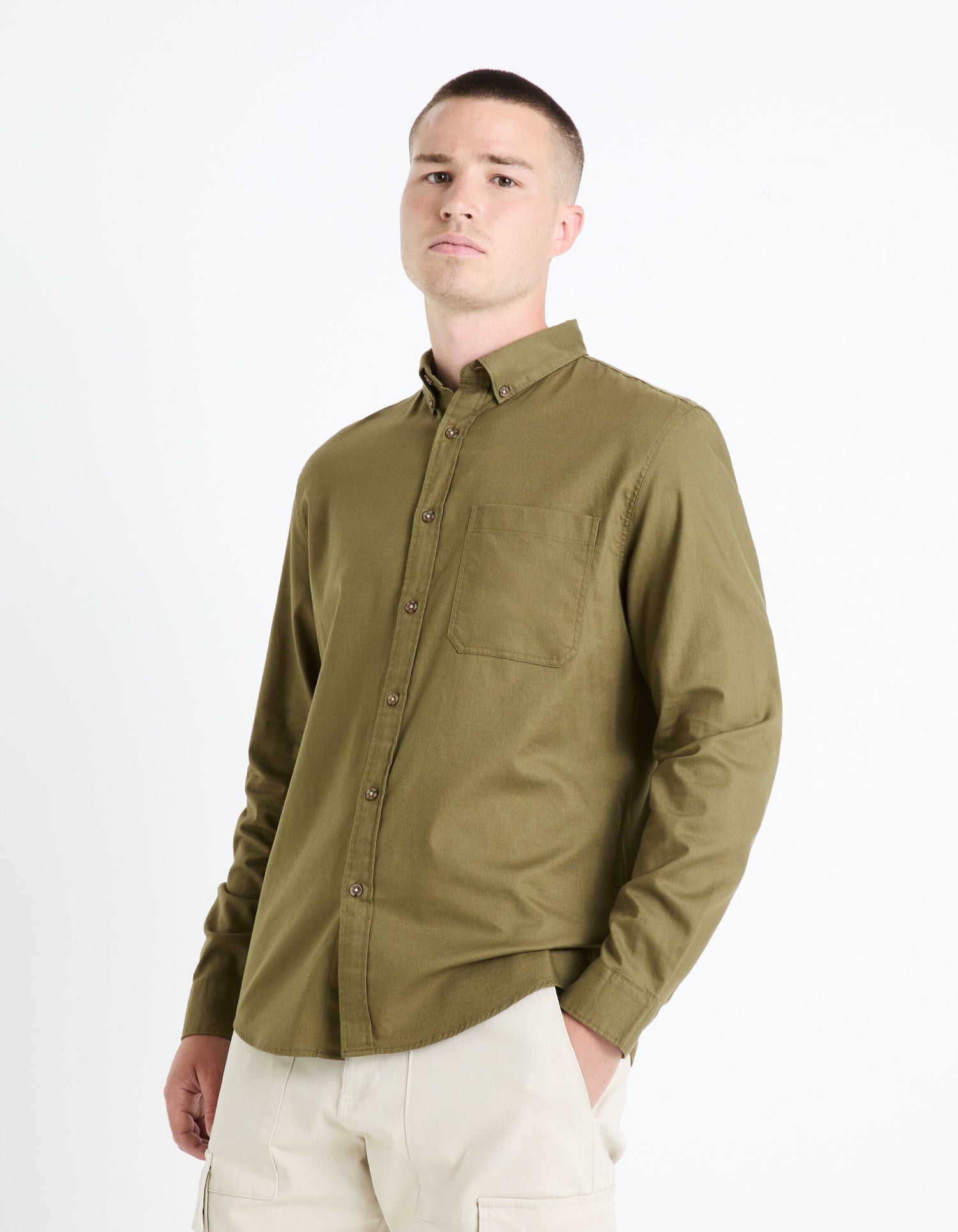 Regular Shirt 100% Cotton - Khaki_FAROBONE2_KAKI_01