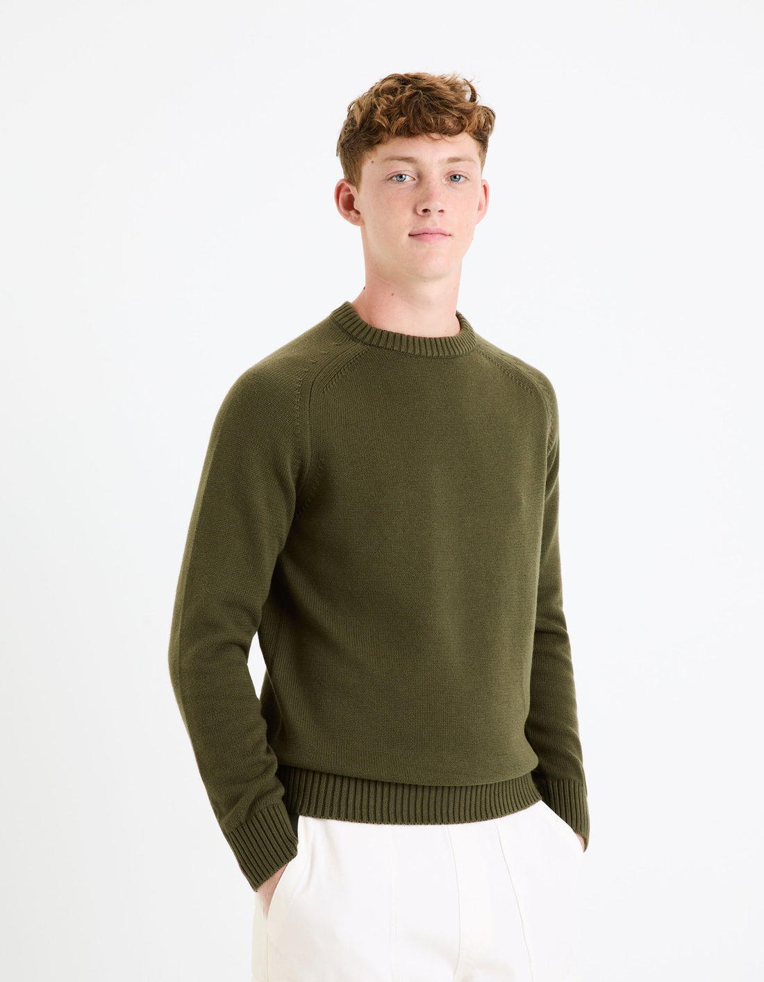 100% Cotton Round Neck Sweater - Khaki_FEBASIC_KHAKI_01