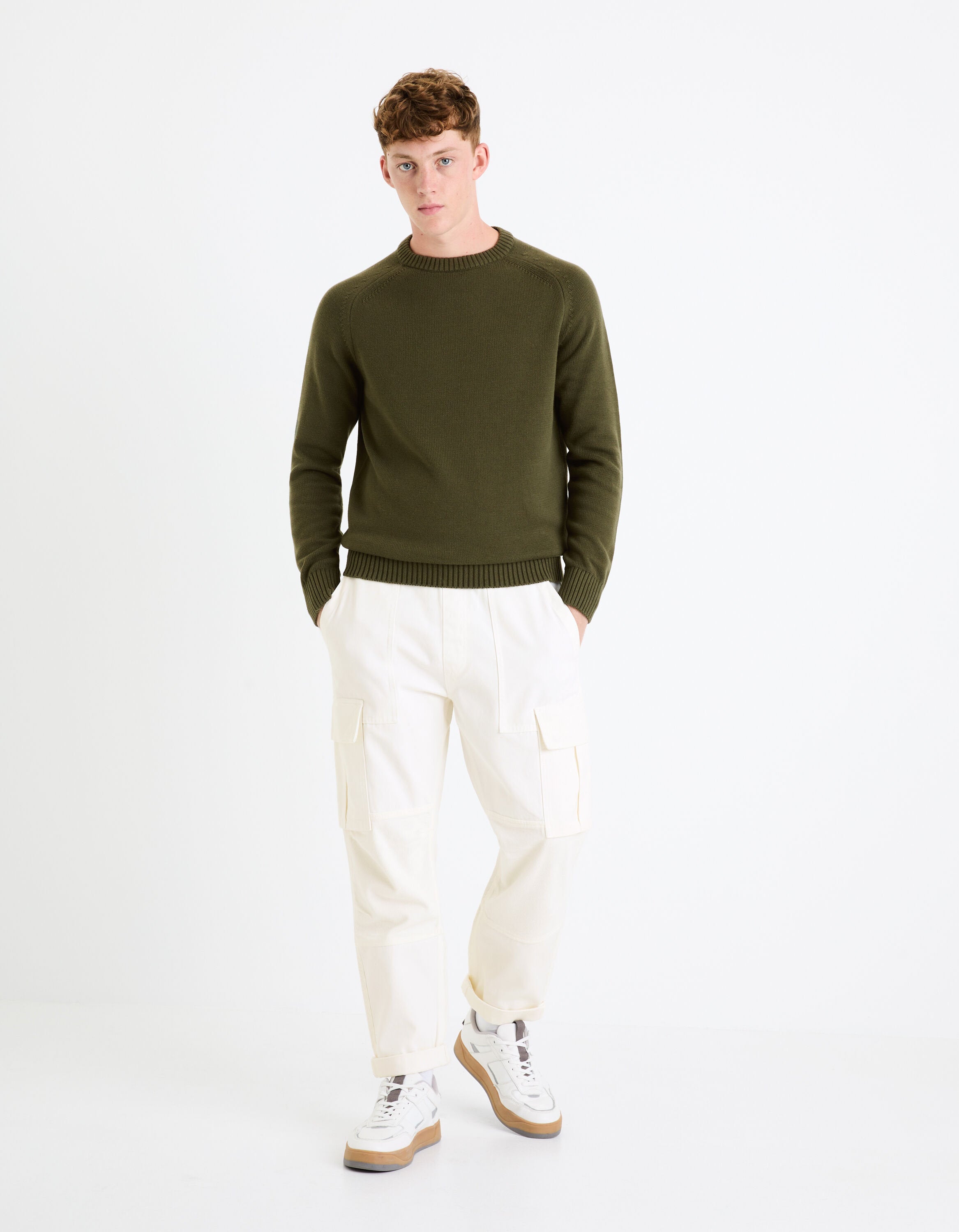 100% Cotton Round Neck Sweater - Khaki_FEBASIC_KHAKI_03