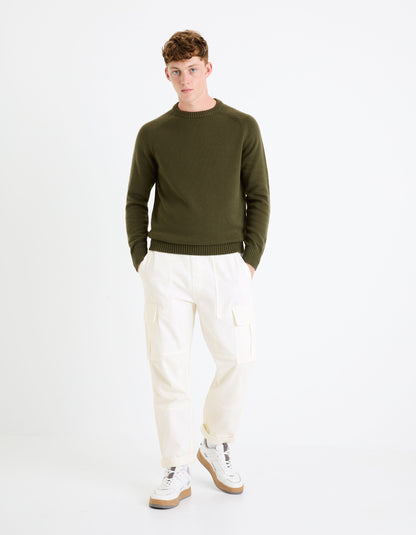 100% Cotton Round Neck Sweater - Khaki_FEBASIC_KHAKI_03