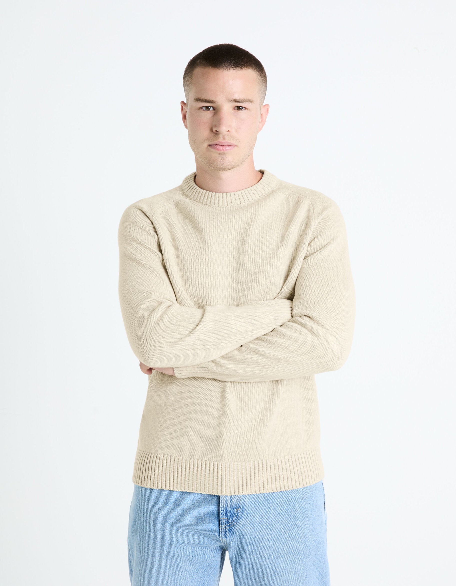 100% Cotton Round Neck Sweater - Beige_FEBASIC_LIGHT BEIGE_01