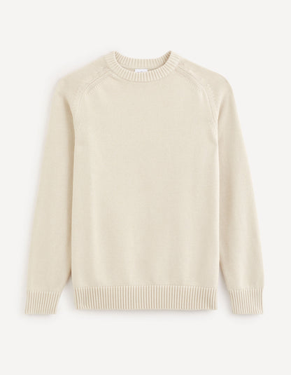 100% Cotton Round Neck Sweater - Beige_FEBASIC_LIGHT BEIGE_02