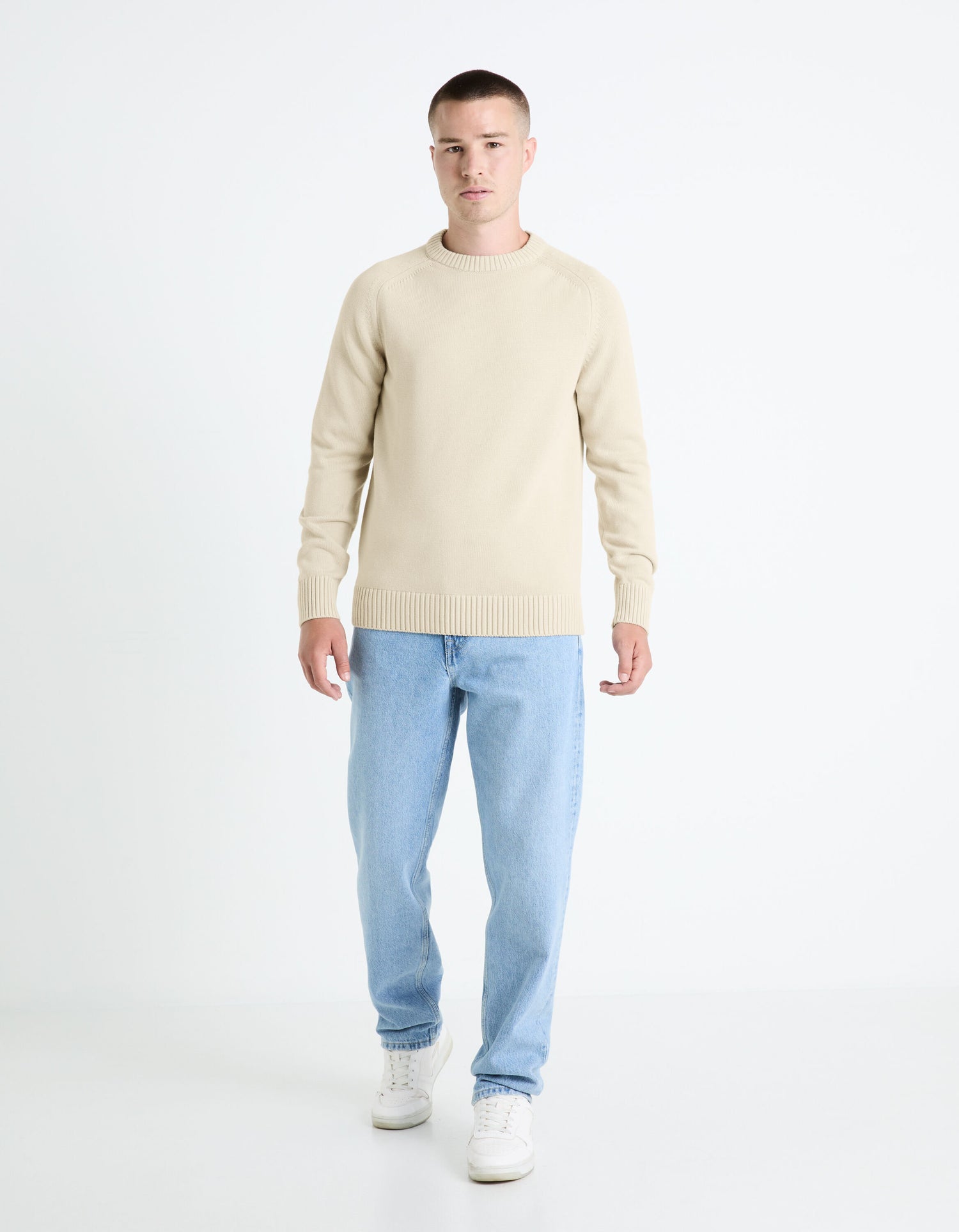 100% Cotton Round Neck Sweater - Beige_FEBASIC_LIGHT BEIGE_03