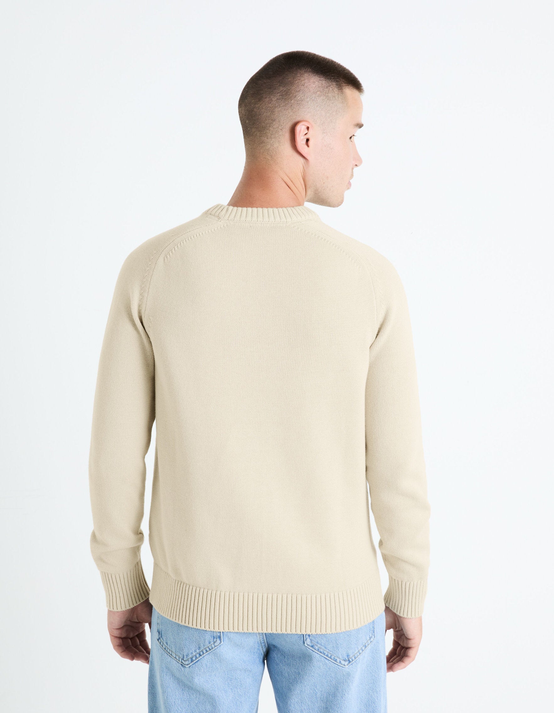 100% Cotton Round Neck Sweater - Beige_FEBASIC_LIGHT BEIGE_04