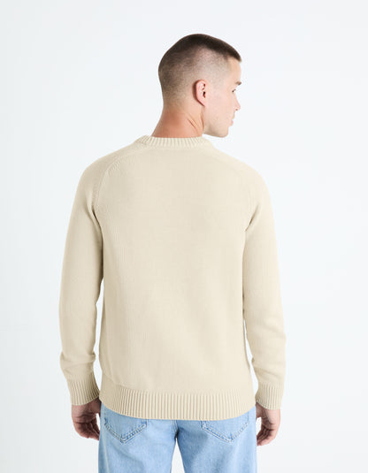 100% Cotton Round Neck Sweater - Beige_FEBASIC_LIGHT BEIGE_04