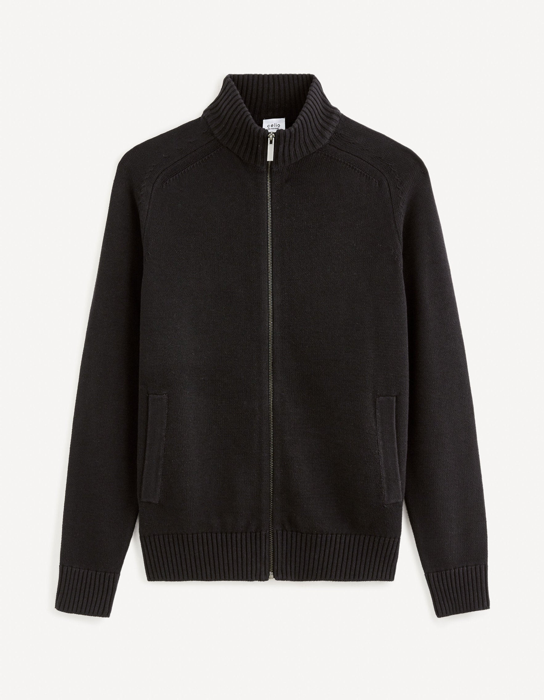 100% Cotton Zip-Up Cardigan - Black_FEBAZIPPER_BLACK_02