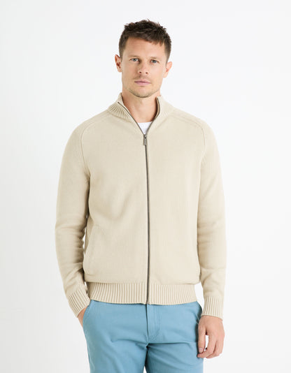 100% Cotton Zip-Up Cardigan - Beige_FEBAZIPPER_LIGHT BEIGE_01