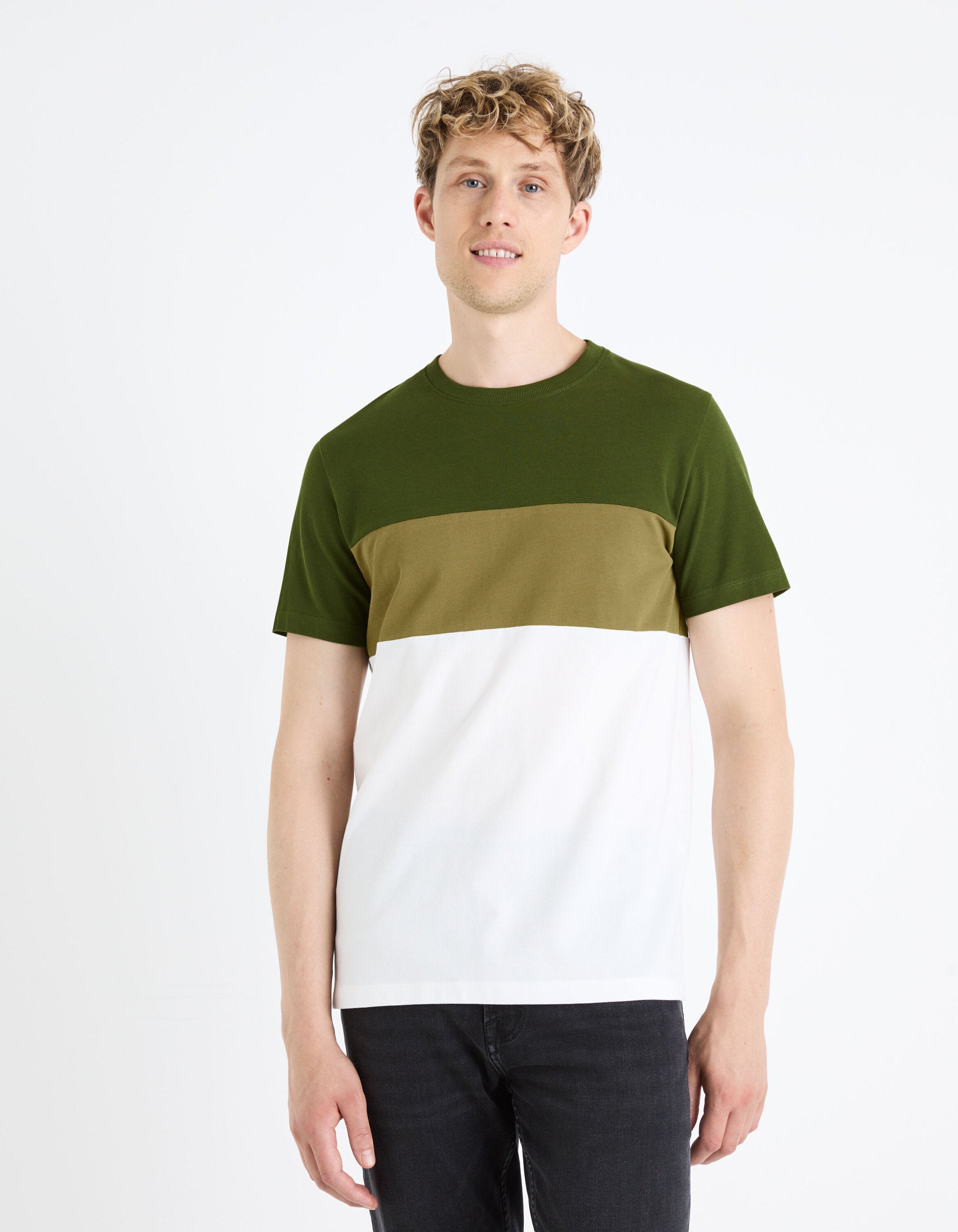 100% Cotton Round Neck T-Shirt - Khaki_FEBLOC_KHAKI GREEN_03