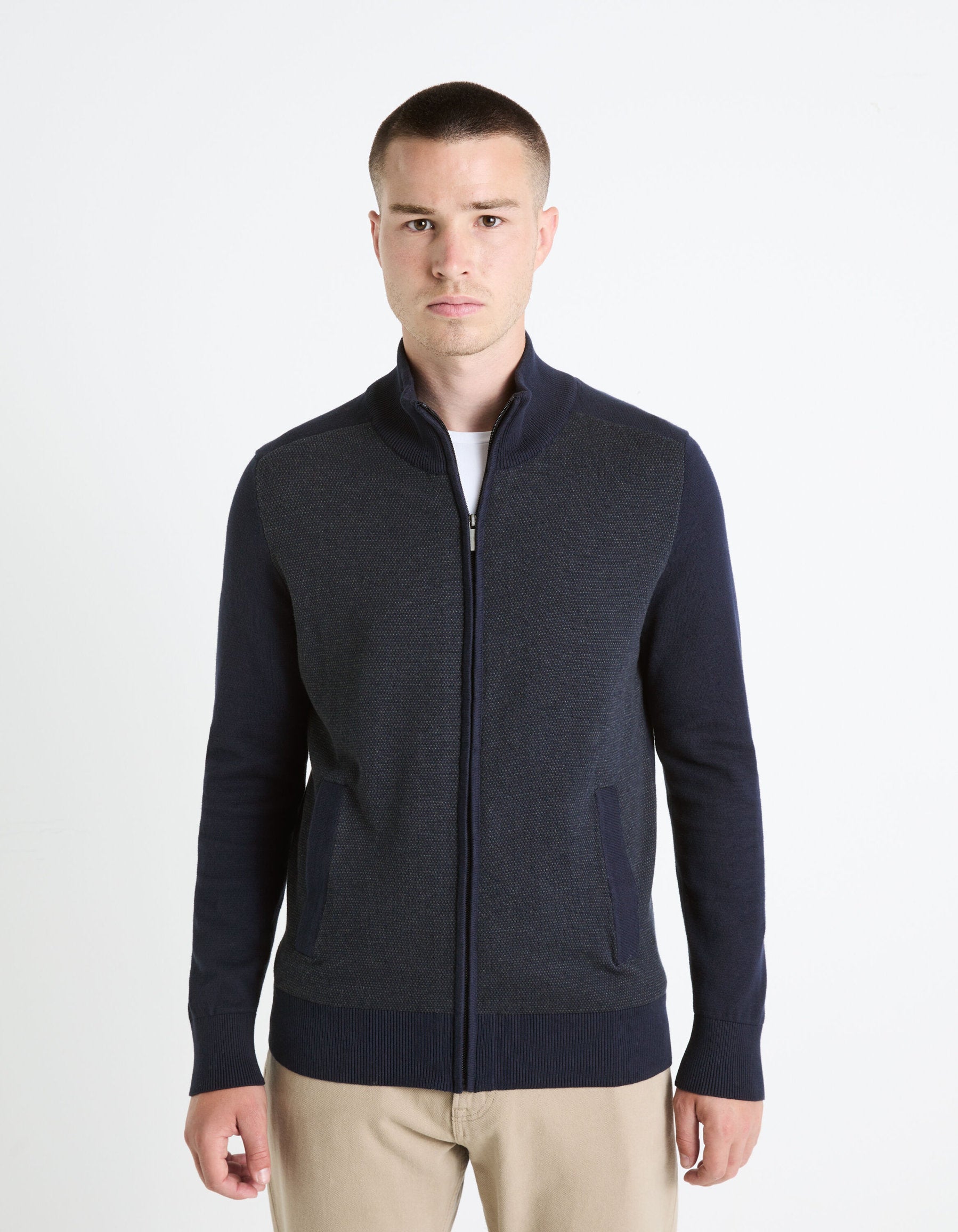 100% Cotton Zip-Up Cardigan - Navy_FEGILLOU_NAVY_01