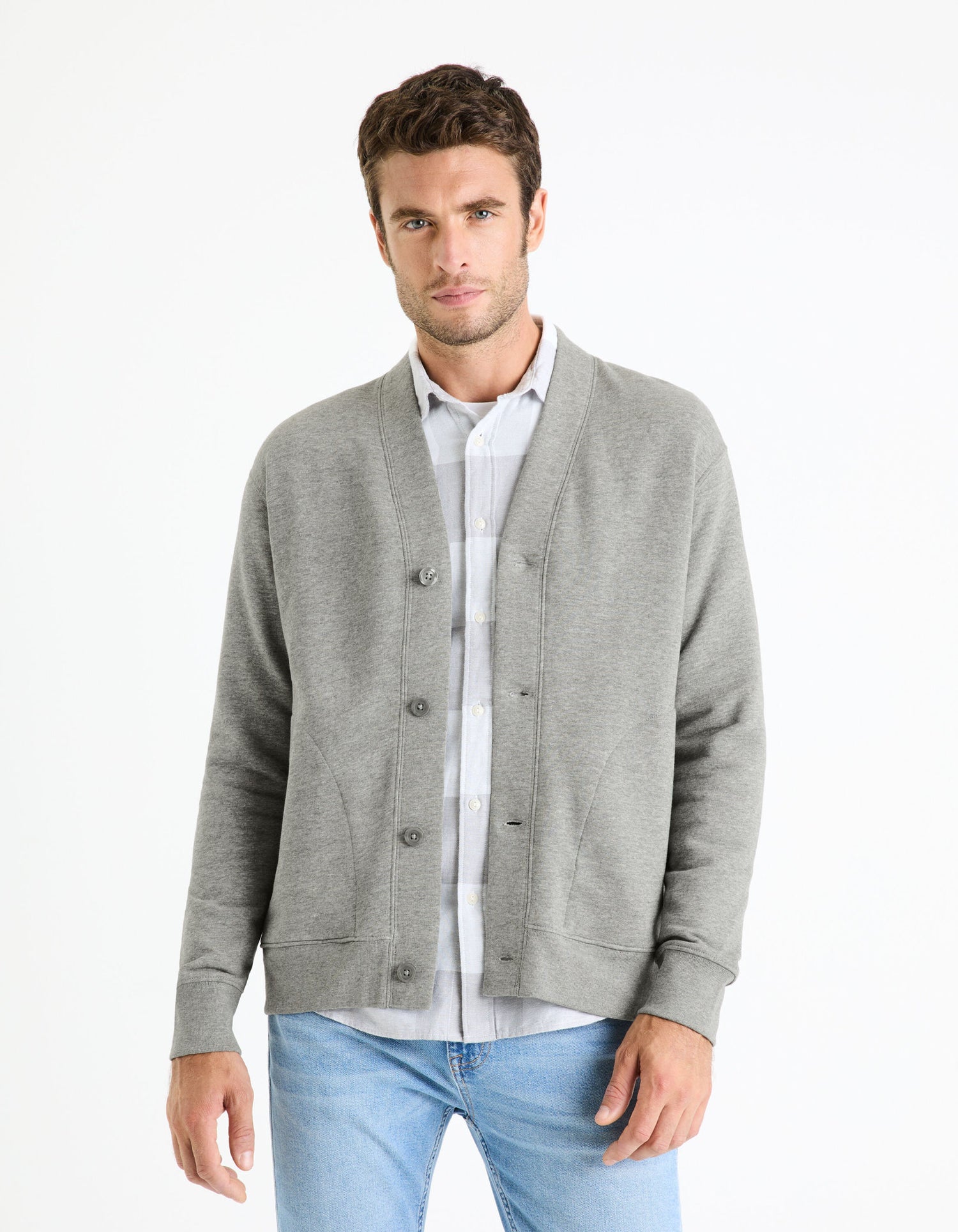 Cotton Blend Cardigan - Grey_FEHARDOS_HEATHER GREY_03