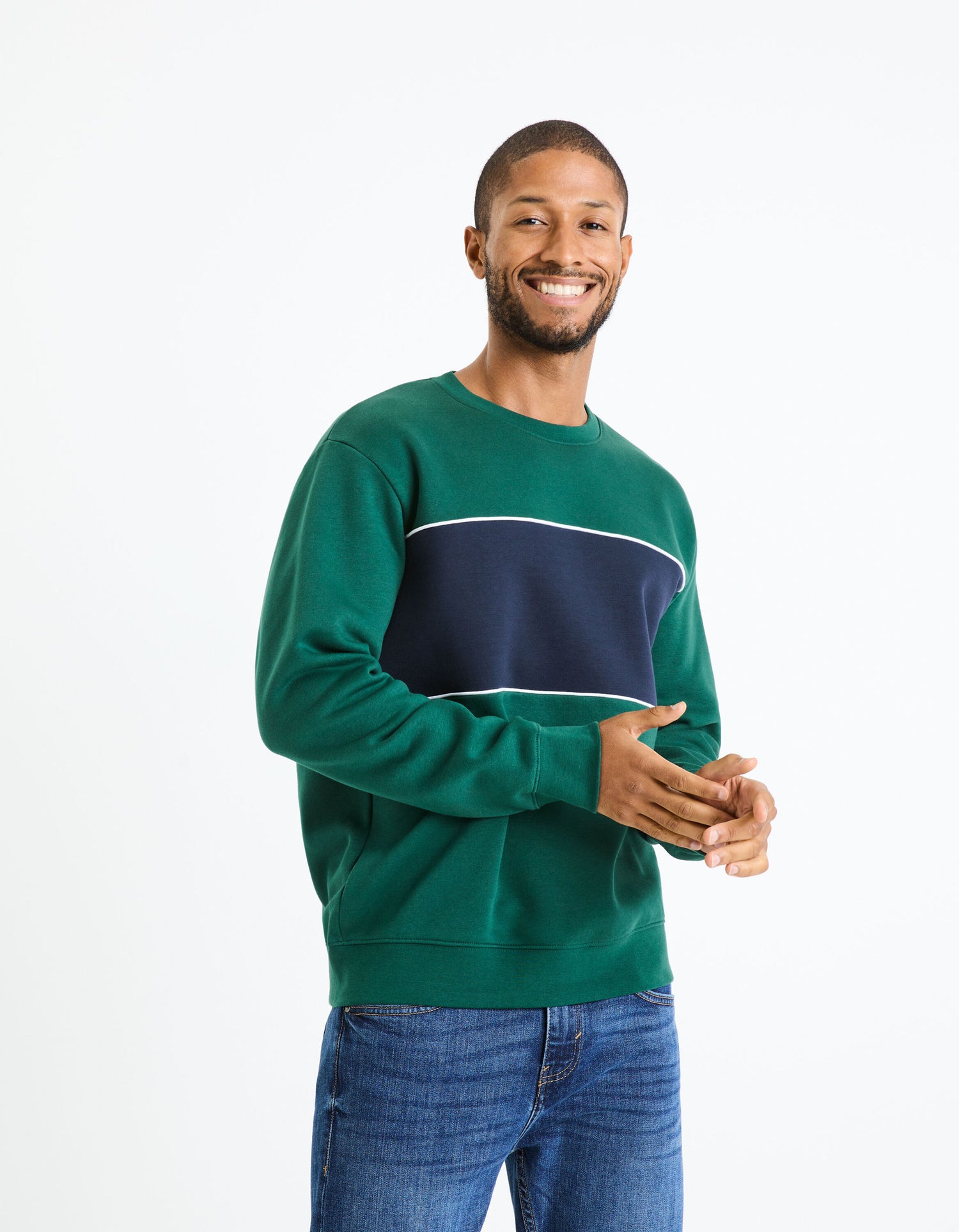 Cotton Blend Crew Neck Sweatshirt - Green_FEHOPE_DARK GREEN_03