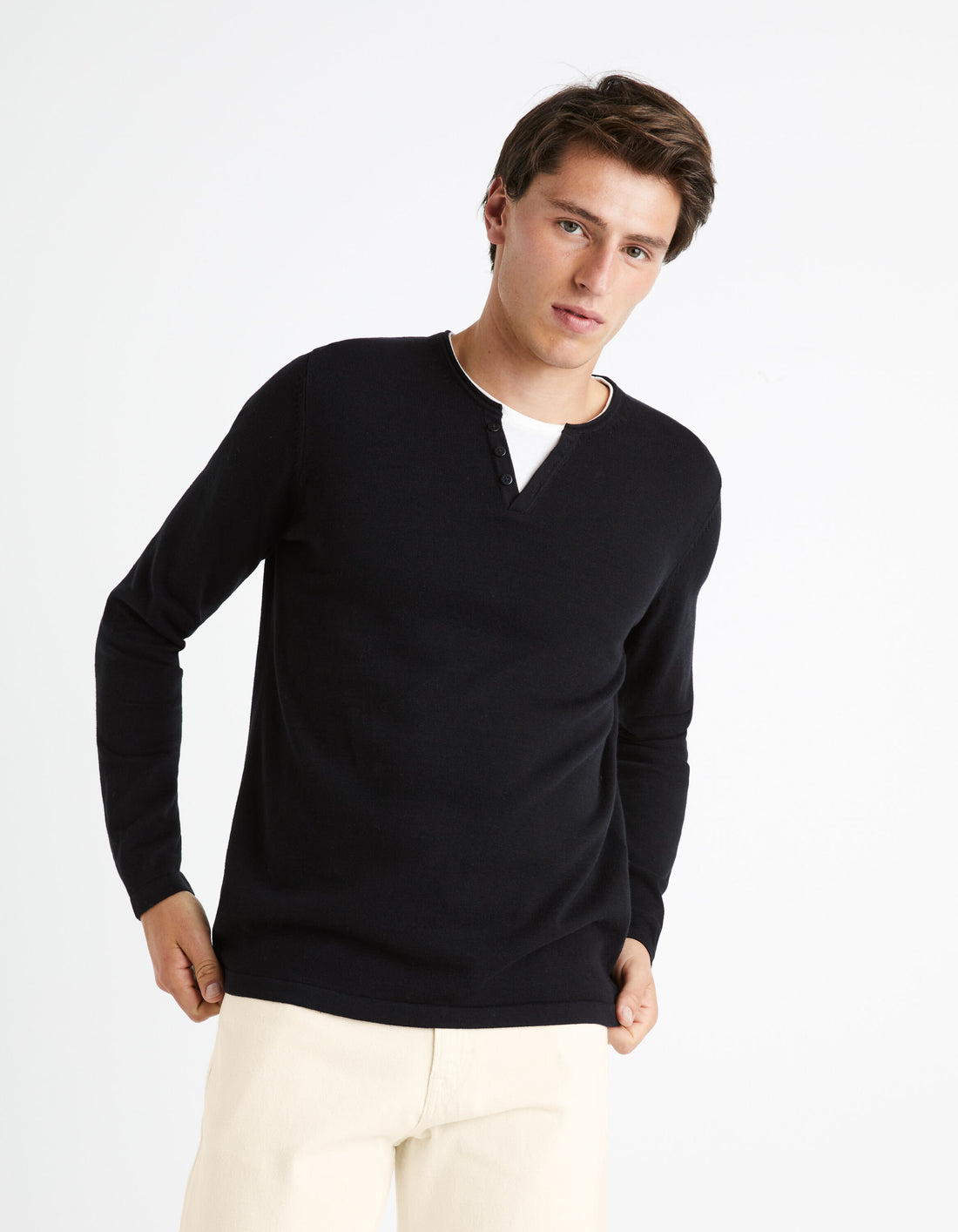 Tunisian Collar Sweater 100% Cotton - Black_FELANO_BLACK_01
