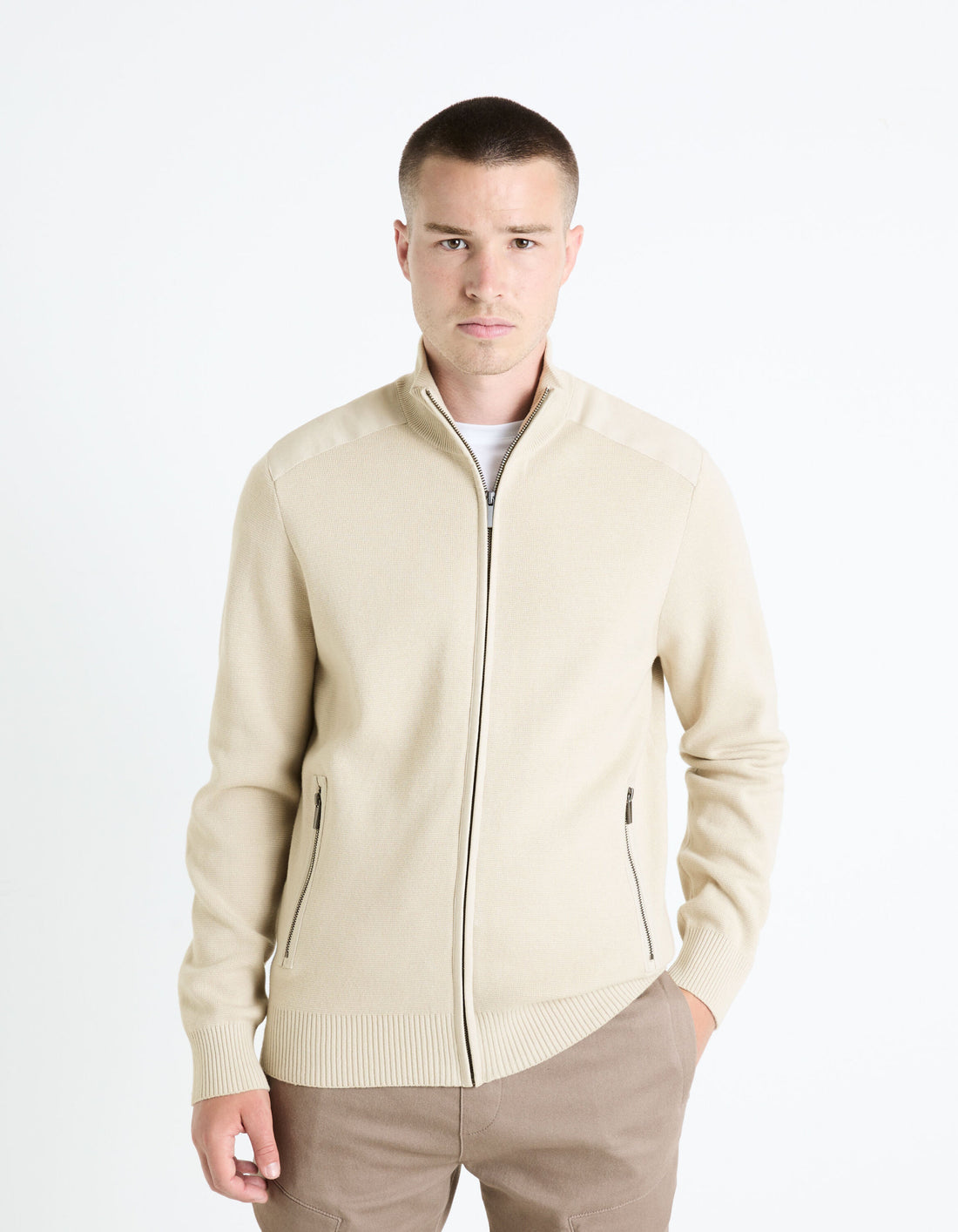 100% Cotton Zipped Cardigan - Brown_FELMAN_LIGHT TAUPE_01