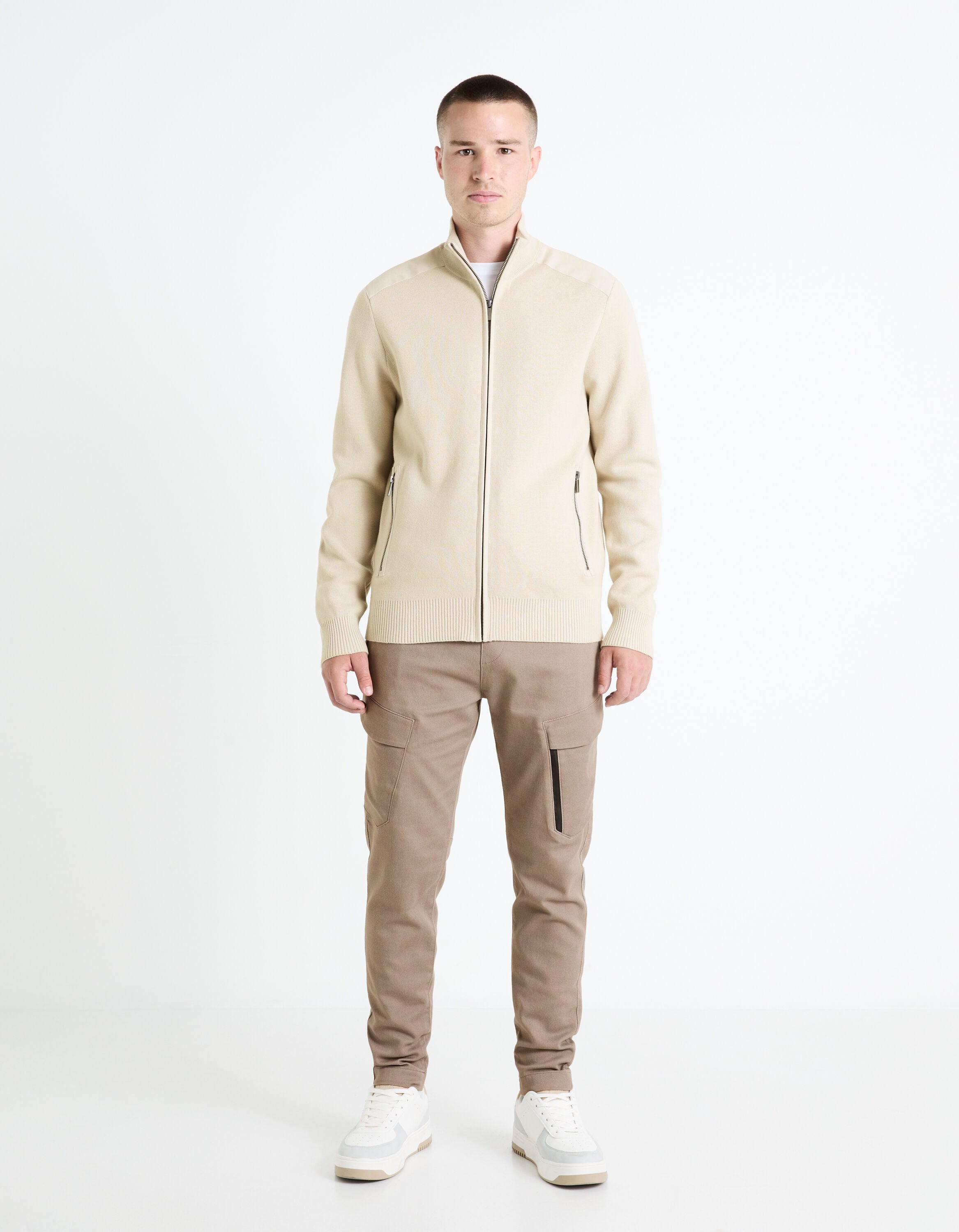 100% Cotton Zipped Cardigan - Brown_FELMAN_LIGHT TAUPE_03