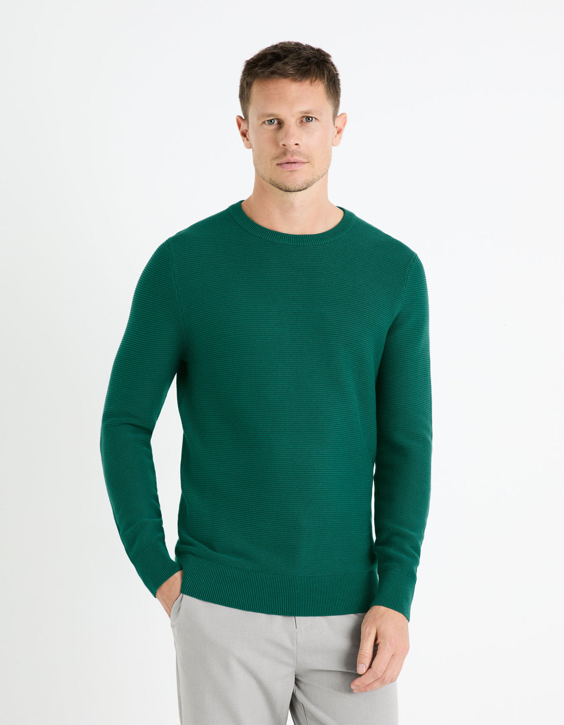 Round Neck Sweater 100% Cotton_FEOTTONI_DARK GREEN_01