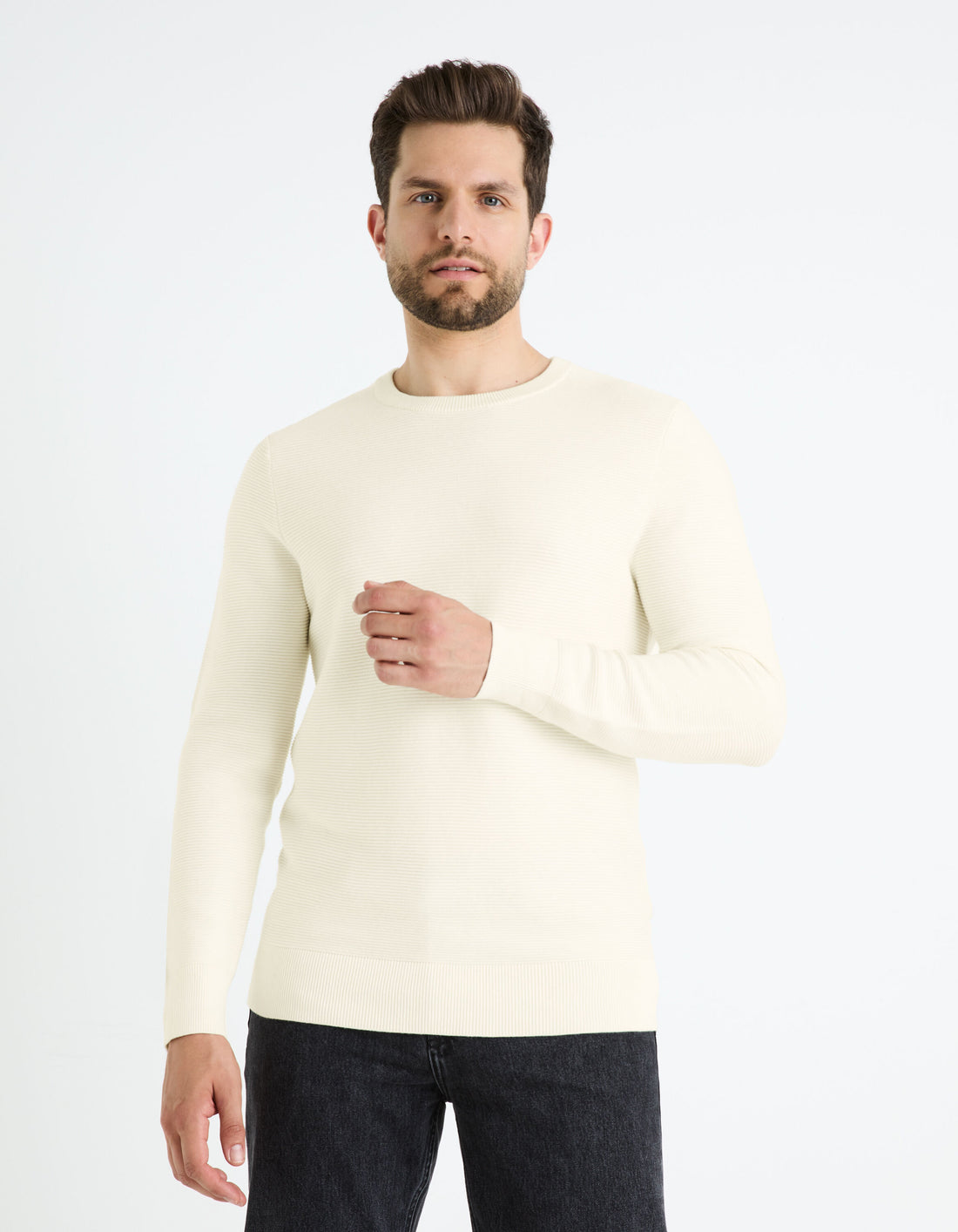 Round Neck Sweater 100% Cotton_FEOTTONI_ECRU_01