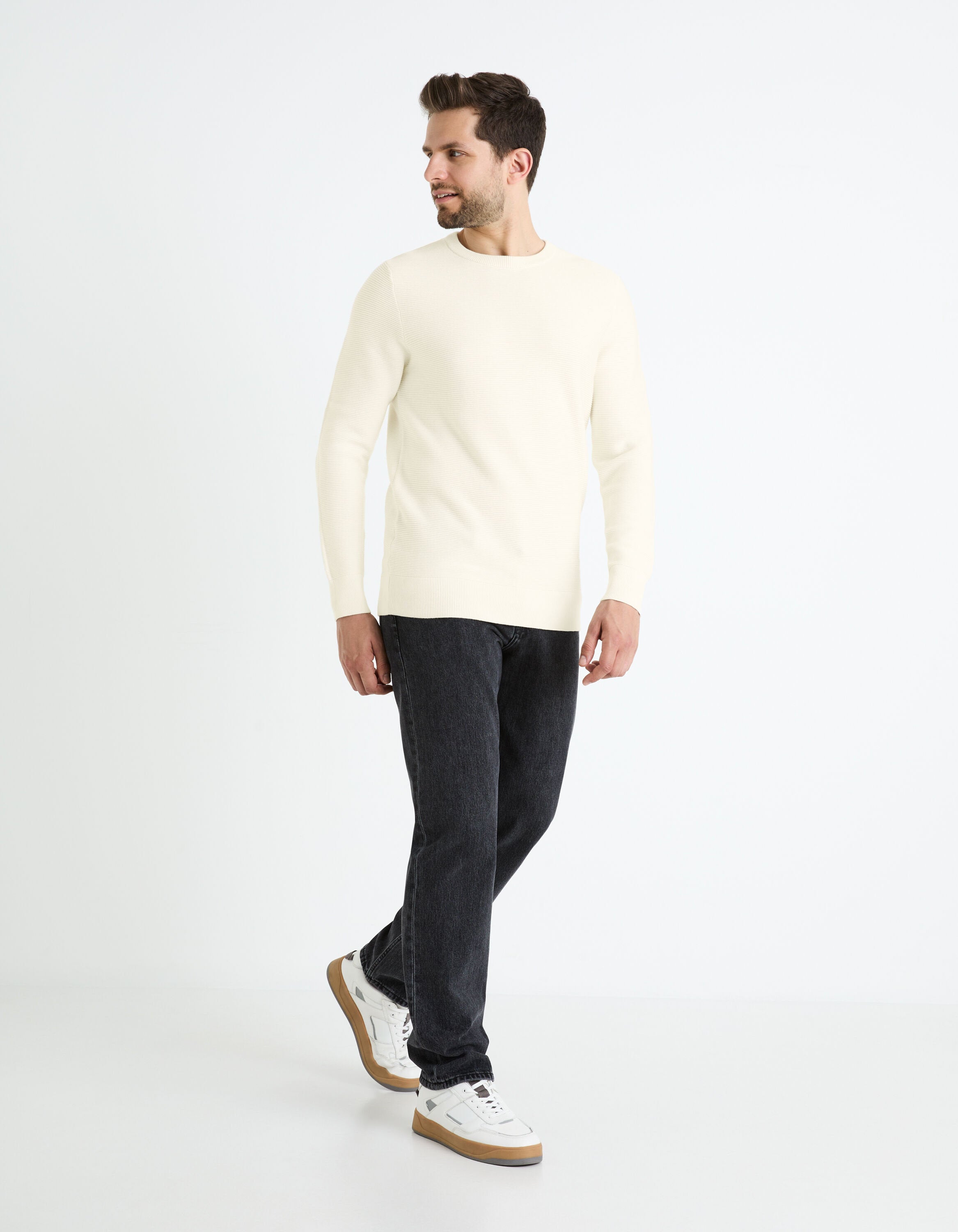 Round Neck Sweater 100% Cotton_FEOTTONI_ECRU_03