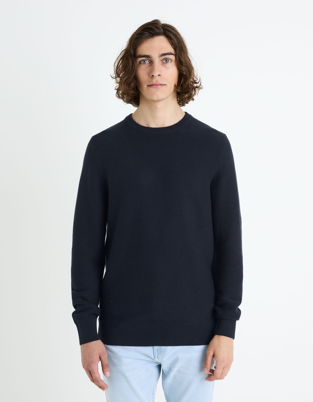 Round Neck Sweater 100% Cotton_FEOTTONI_ENCRE FONCE_01