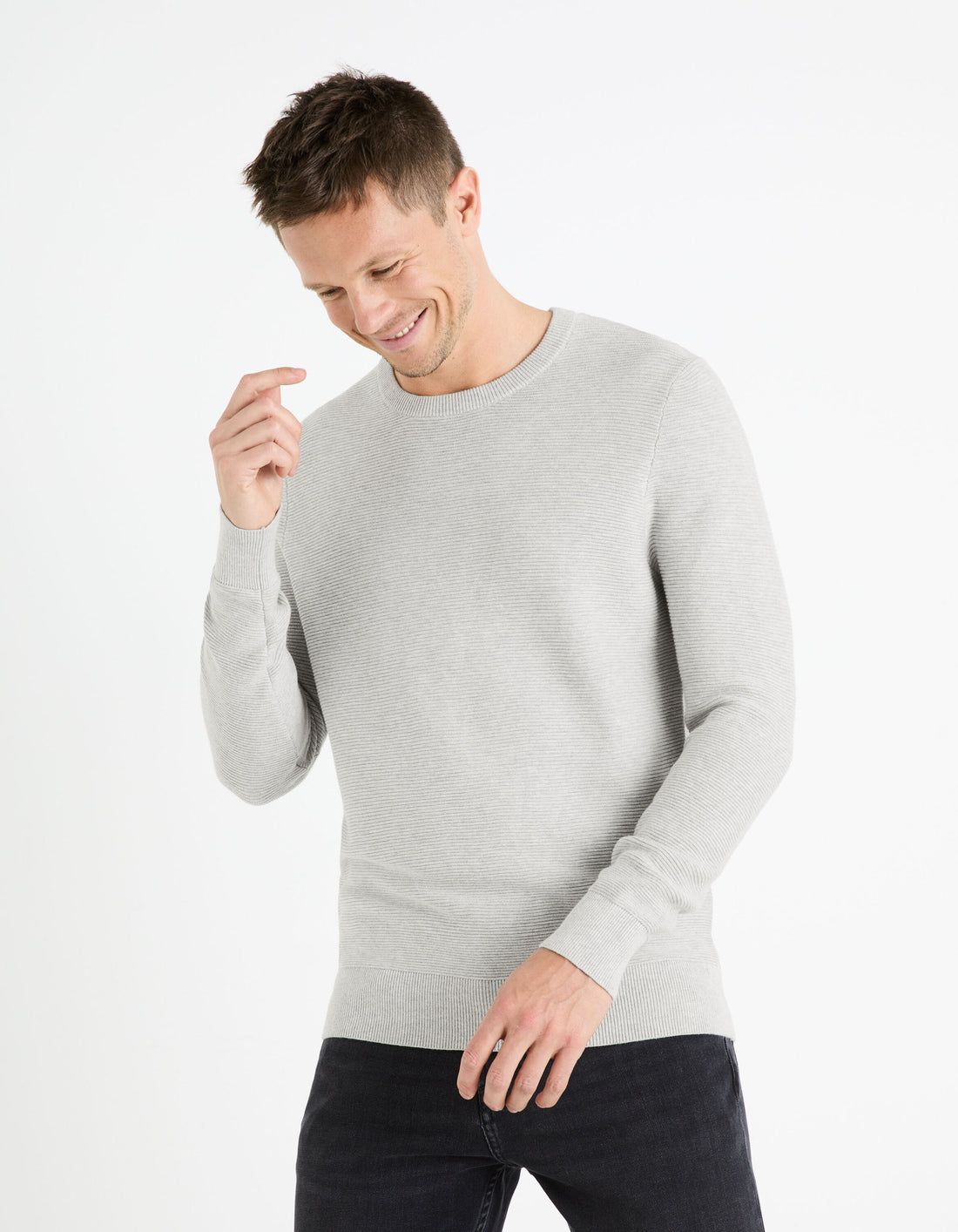 Round Neck Sweater 100% Cotton_FEOTTONI_GREY MEL_01
