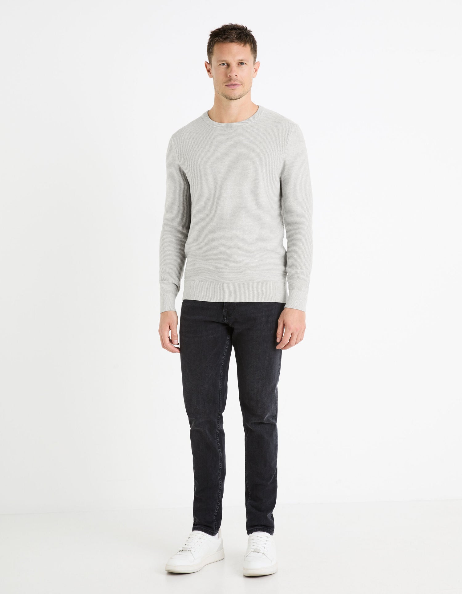 Round Neck Sweater 100% Cotton_FEOTTONI_GREY MEL_03