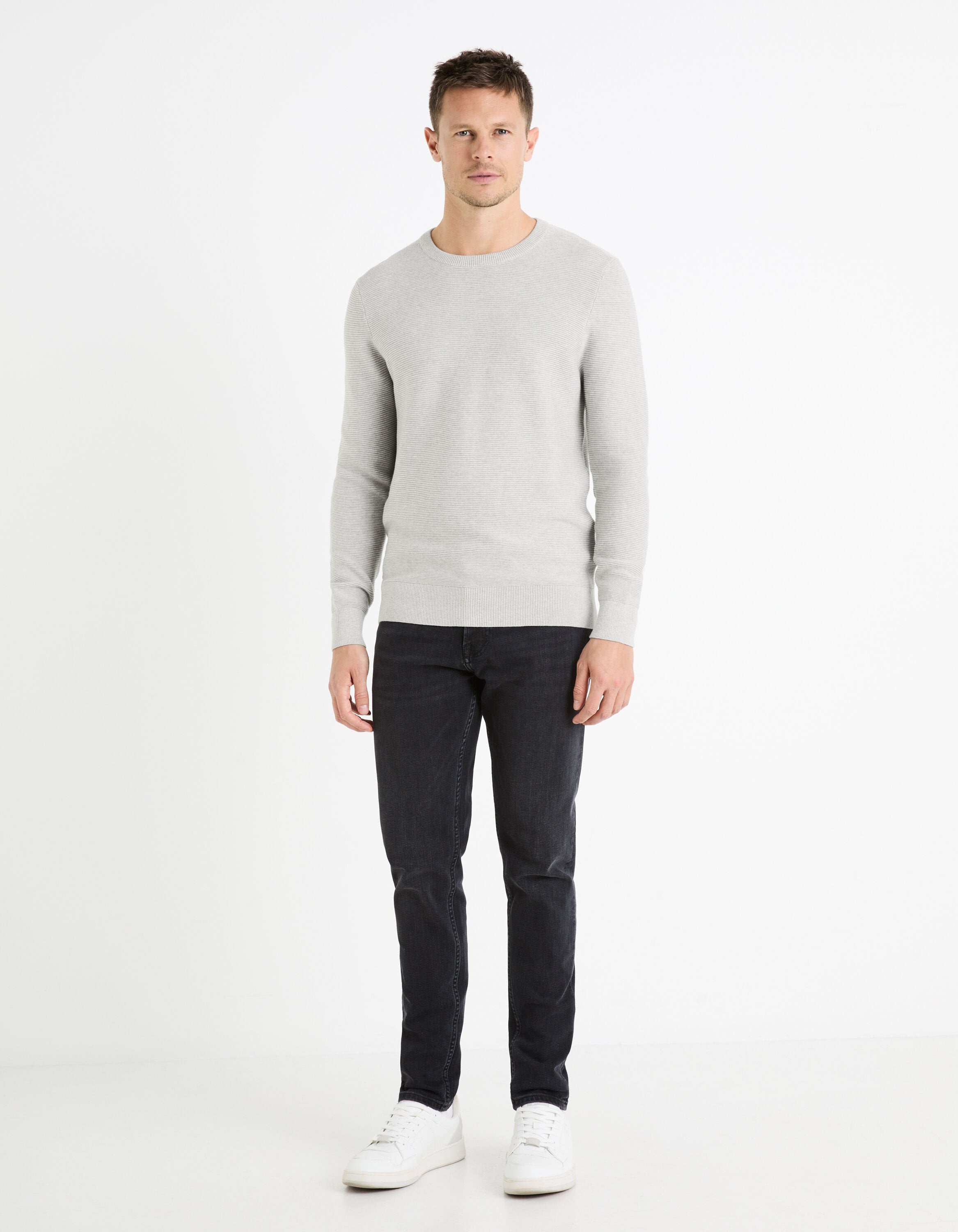 Round Neck Sweater 100% Cotton_FEOTTONI_GREY MEL_03