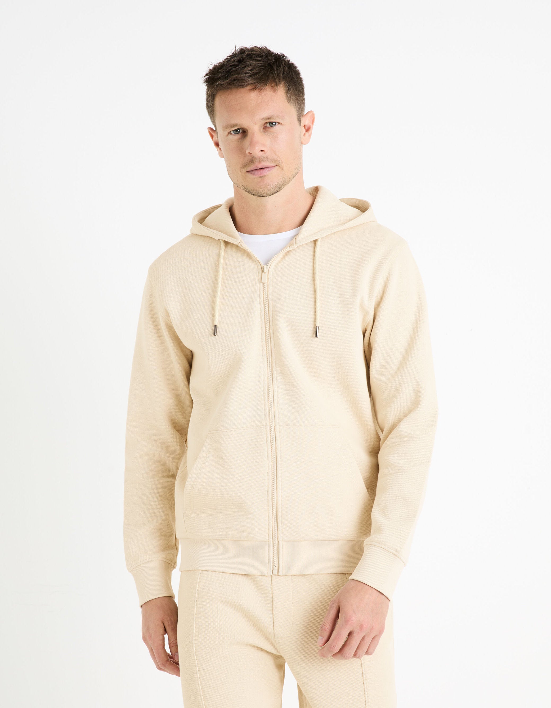 Cotton Blend Zipped Piqué Sweatshirt_FEPIQUET_BEIGE_03