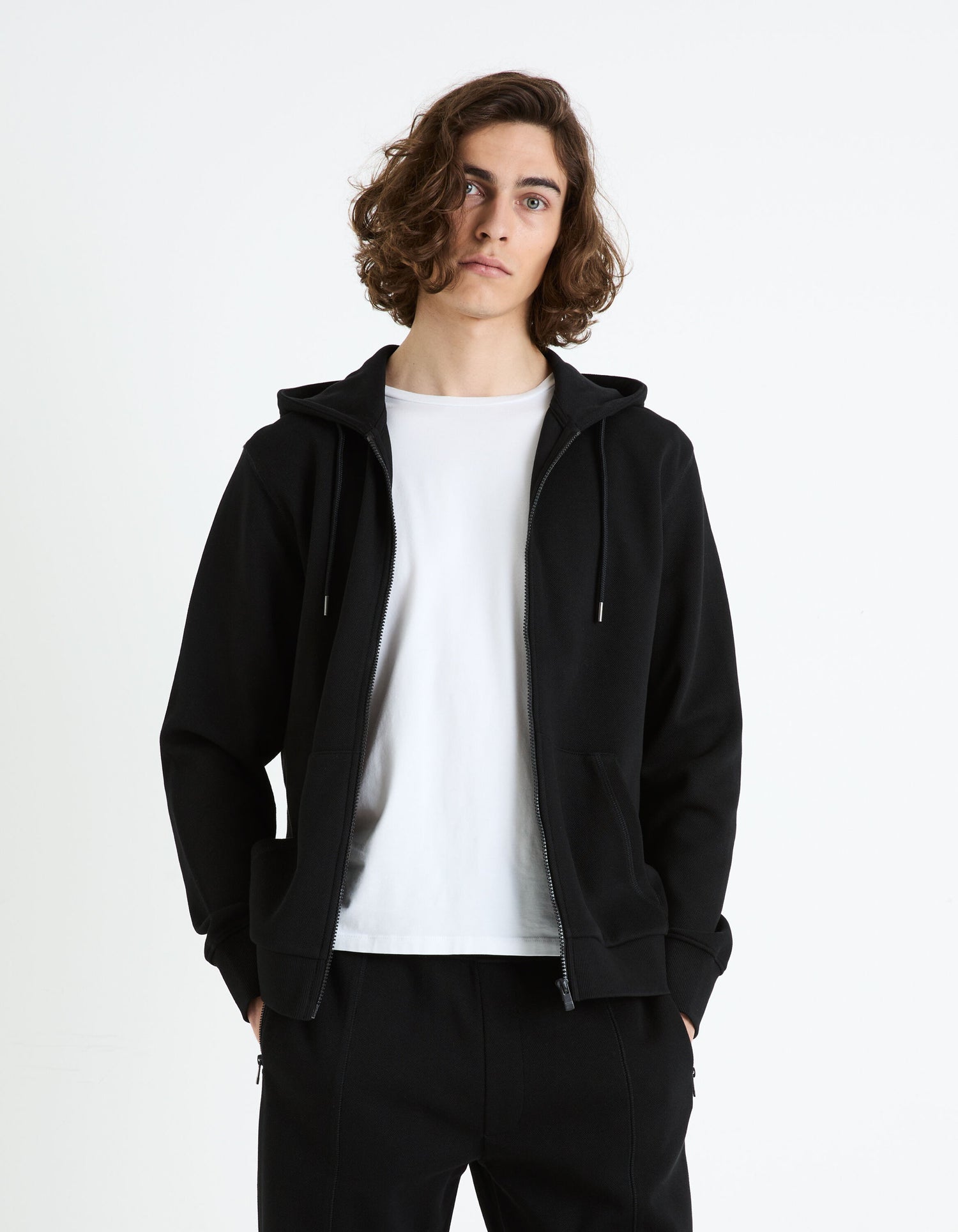 Cotton Blend Zipped Piqué Sweatshirt_FEPIQUET_BLACK_03