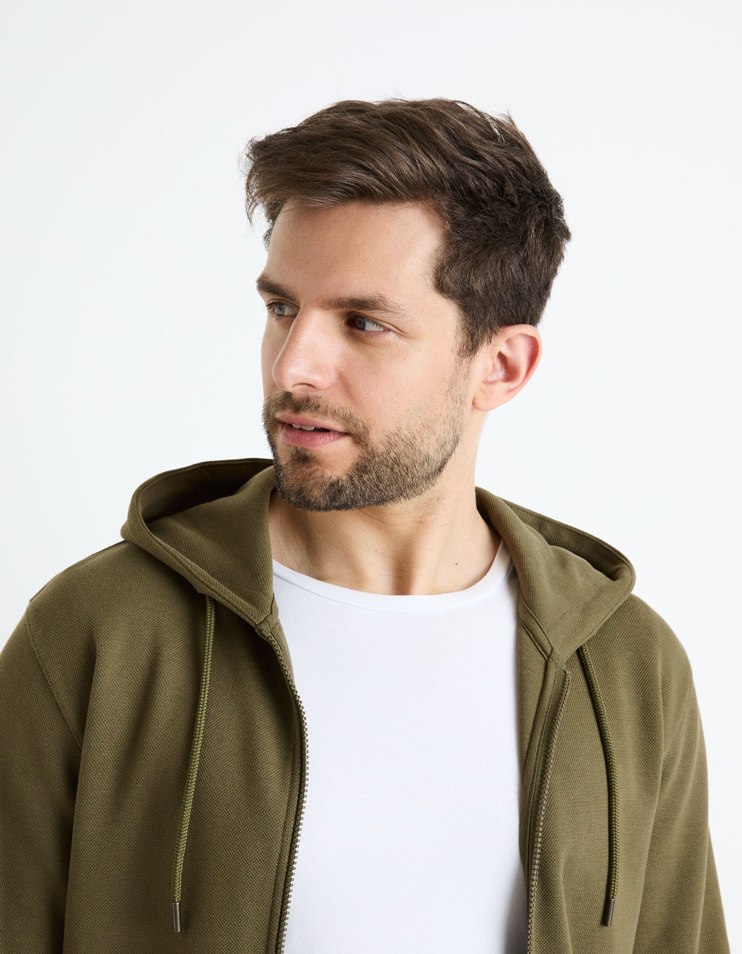 Cotton Blend Zipped Piqué Sweatshirt_FEPIQUET_KHAKI_05