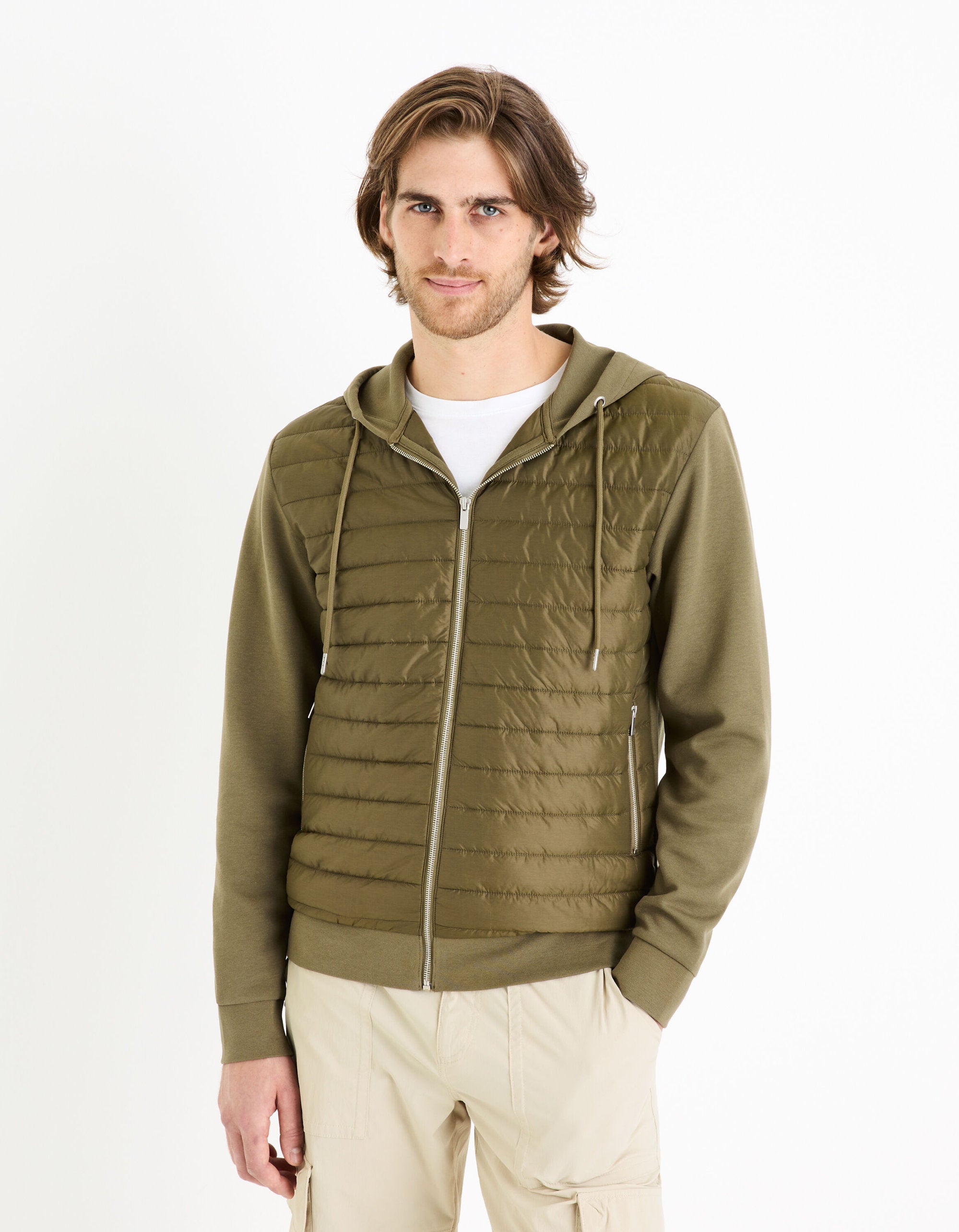 Cotton Blend Zipped Hooded Sweatshirt - Khaki_FEQUILTED_KHAKI_03