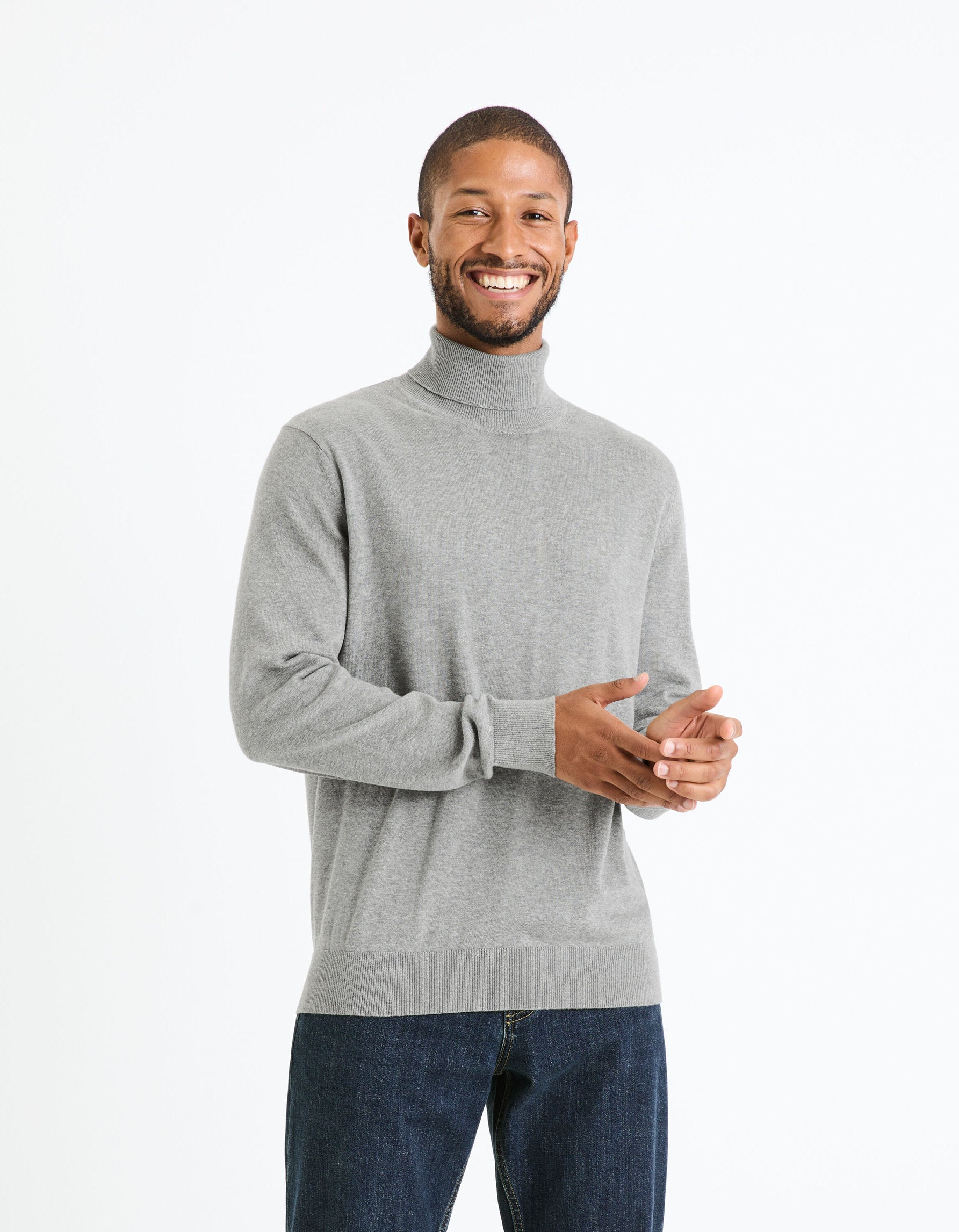 100% Cotton Turtleneck Sweater_FEROLL_GREY MEL_03