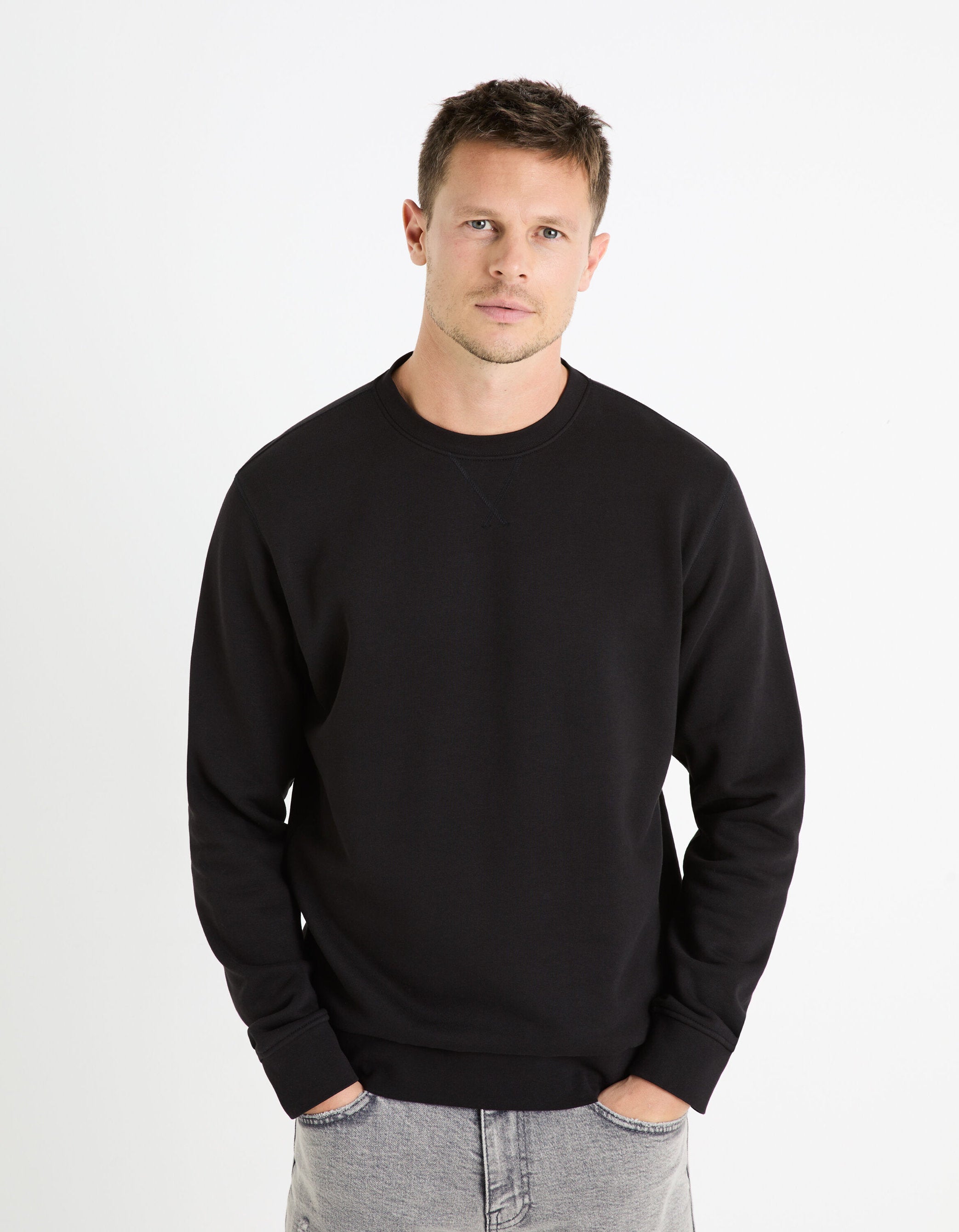 Round Neck Sweatshirt 100% Cotton_FESEVEN_BLACK_03