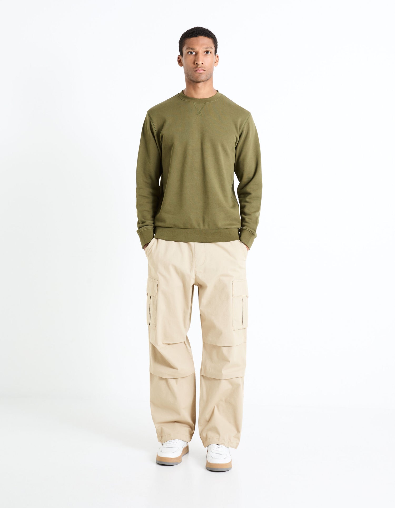 Round Neck Sweatshirt 100% Cotton_FESEVEN_KHAKI_02