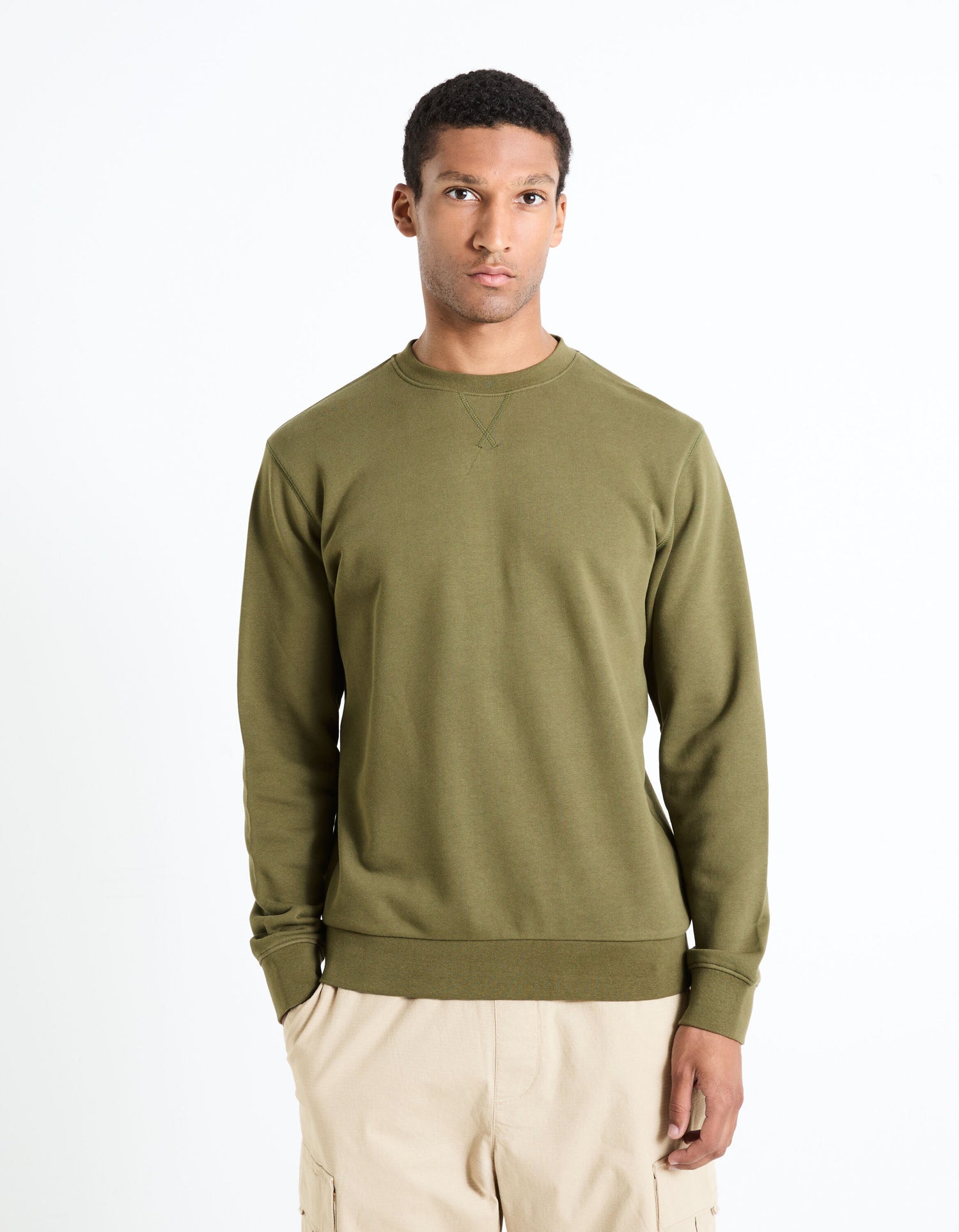 Round Neck Sweatshirt 100% Cotton_FESEVEN_KHAKI_03